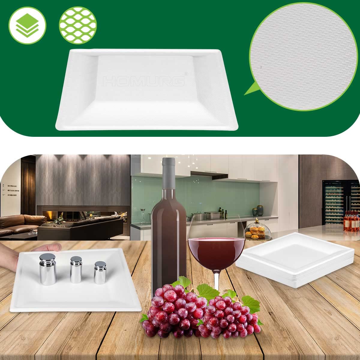 Weiße Pappteller Eckig 26 x 26 cm 50 Stück, Kompostierbare Einweggeschirr und Speiseteller Viereckig, Quadratische Platzteller Groß 10 Zoll für 50 Gäste, Robust Geburtstagsteller Partyteller