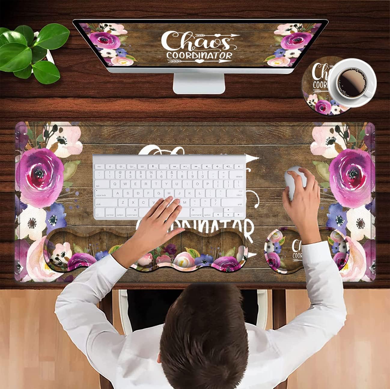 Mouse Pad Set,Large Gaming Mouse Pad + Keyboard Wrist Rest Support + Mouse Wrist Rest,31.5 x 11.8 in Extended Desk Mat for Office,Chaos Coordinator Quotes Vintage Watercolor Flora Desktop Decoration
