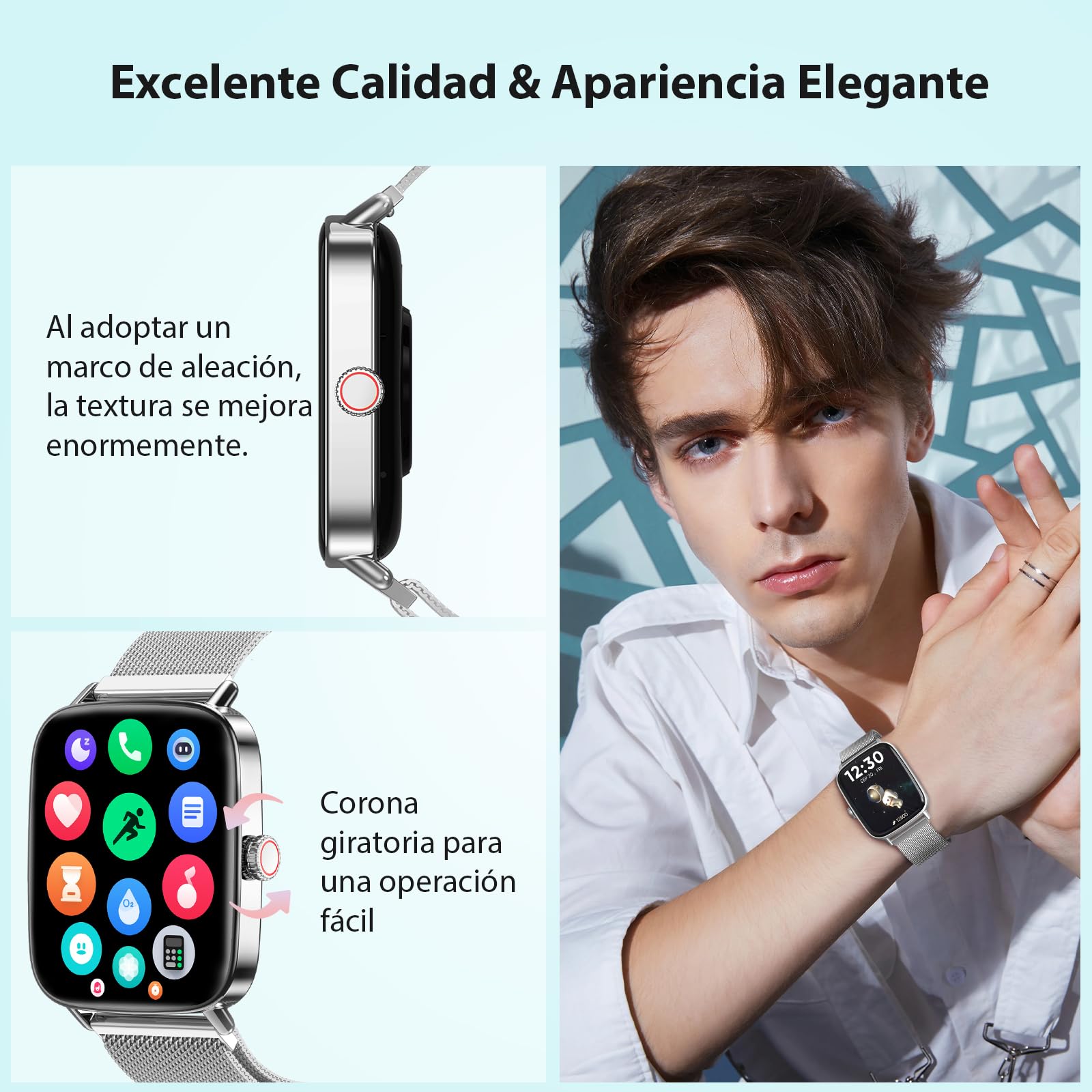 Yoever Reloj Inteligente Mujer Hombre, 1.85" Smartwatch con Llamadas y Whatsapp Notificación, SpO2/Pulsómetro/Sueño/Podómetro, 110 Modos Deporte, IP68 para Android iOS Plateado
