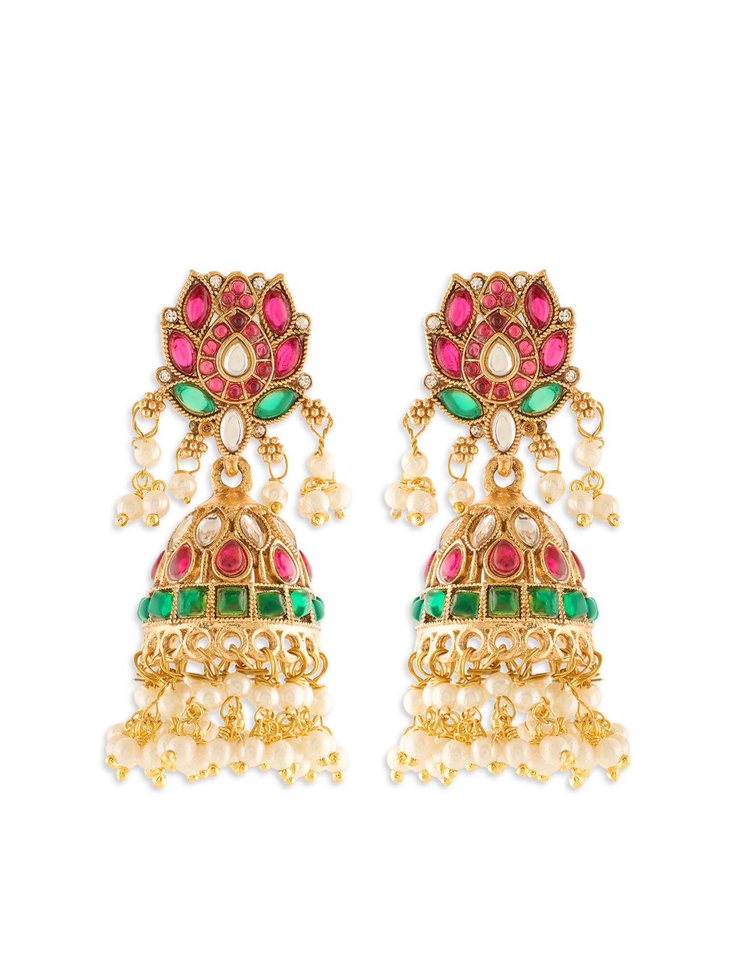 Pink Green Stones Embellished Lotus Design Dangling Pearls Jhumka Earring For Women-ZPFK22581-image-23