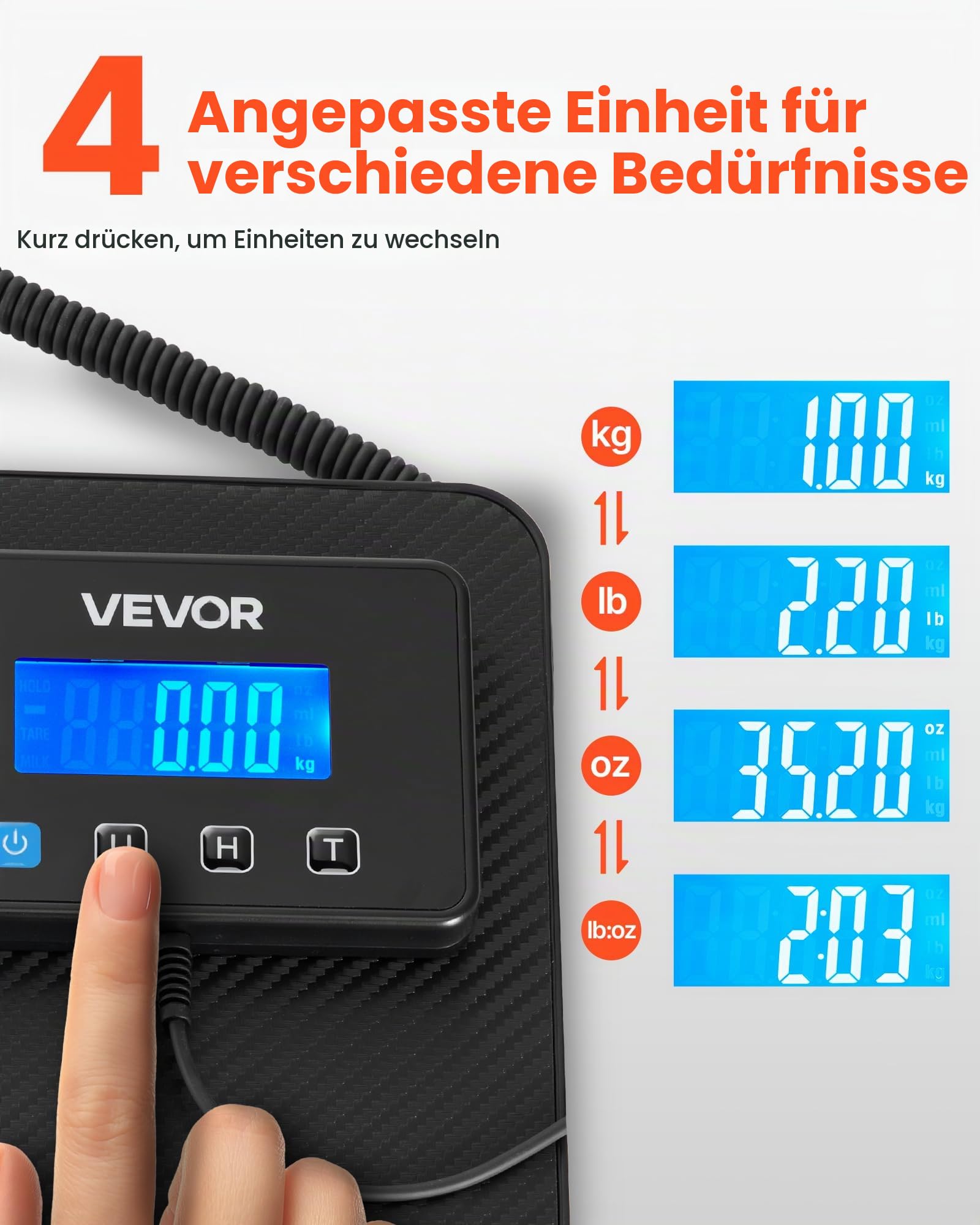 VEVOR Digitale Paketwaage, 10/100g, doppelte Genauigkeit, 200 kg Plattformwaage mit Hold-/Tara-Funktion & LCD-Display, für Pakete, Porto, Gepäck, Batterie & Ladekabel im Lieferumfang enthalten