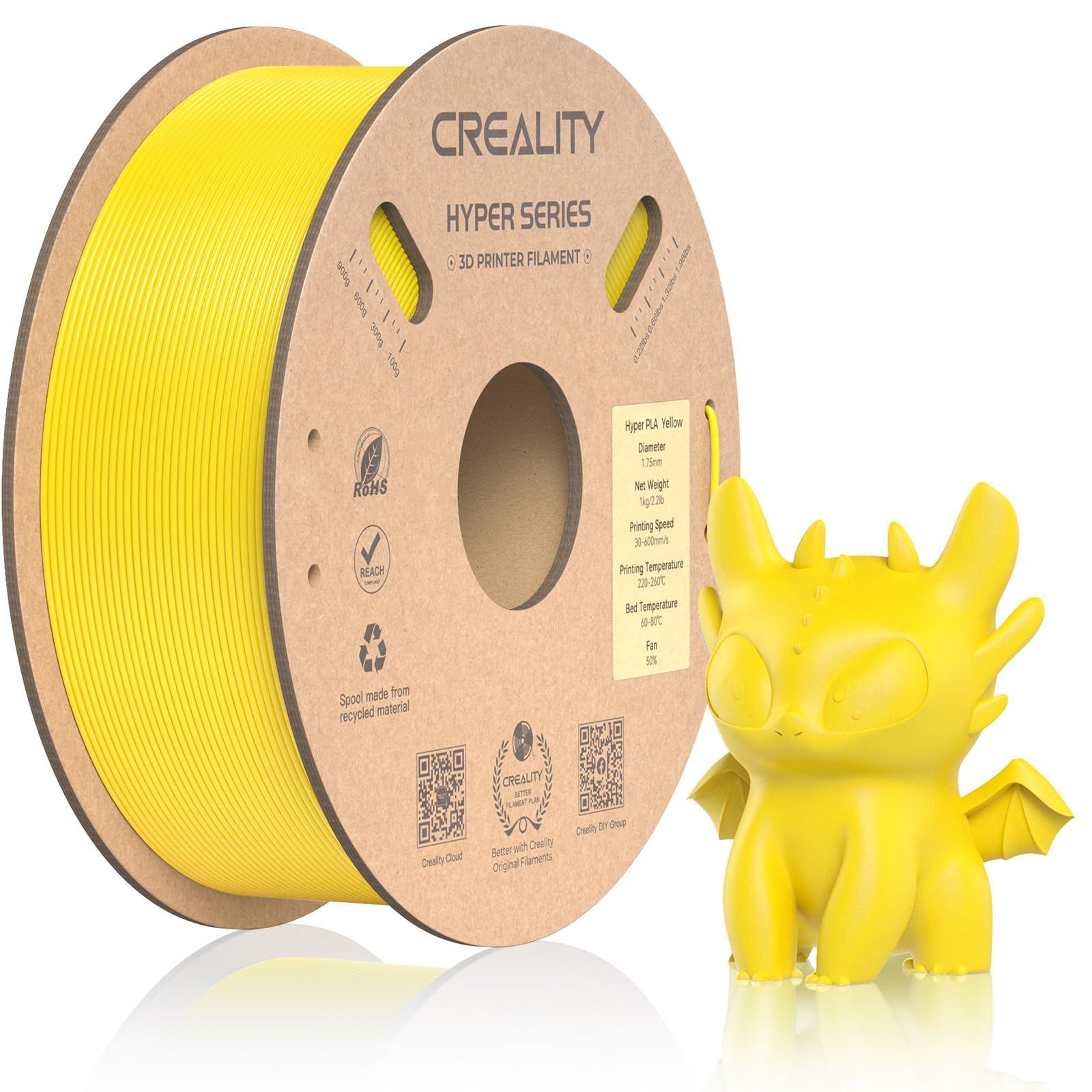 Official Creality Hyper PLA Filament 1.75mm, High Speed 30-600mm/s Rapid 3D Printer Filament PLA, Dimensional Accuracy +/-0.02mm, Fit Most FDM 3D Printers，1KG(2.2lbs) Spool Yellow