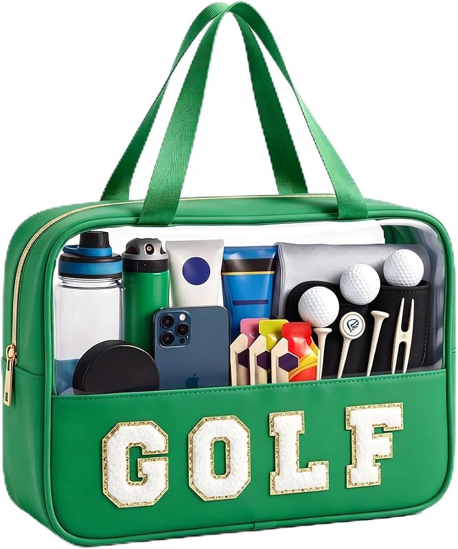 Necessaire de maquiagem KRYZMET verde com patch chenille GOLF, janela transparente, alça e zíper