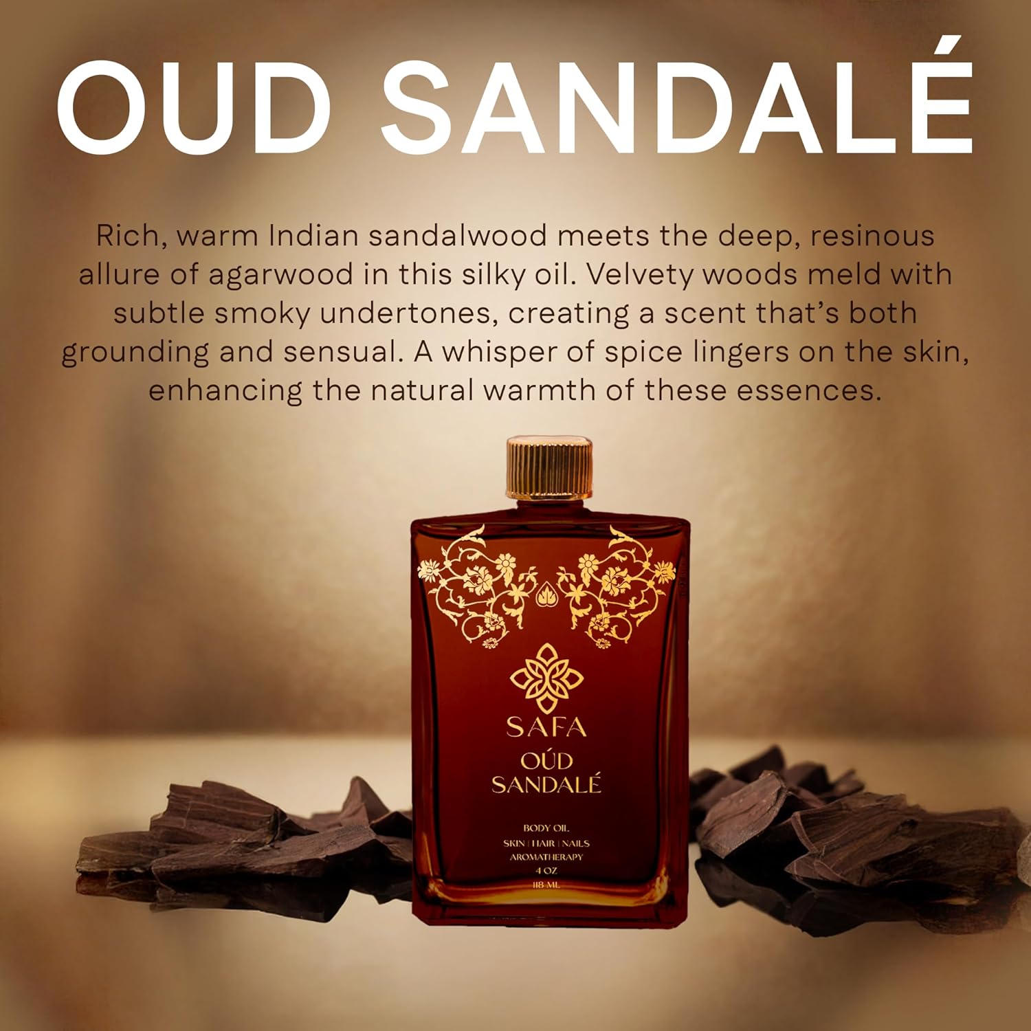 SAFA Oud Sandalé Oil – Organic Oud & Sandalwood Essential Oil for Hair, Body, Face & Nails – Arabian Perfume Oil for Women & Men - Strong & Long Lasting Fragrance 4 Fl Oz - Image 4