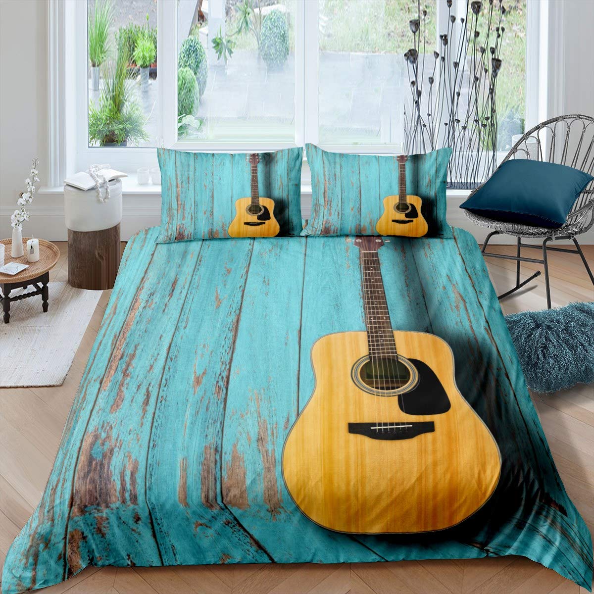 Feelyou 3D Guitar Comforter Cover Set Rock Music Theme Duvet Cover for Kids Boys Girls Wooden Scenes Bedding Set Country Style Bedspread Cover Bedroom Collection 3Pcs Queen Size