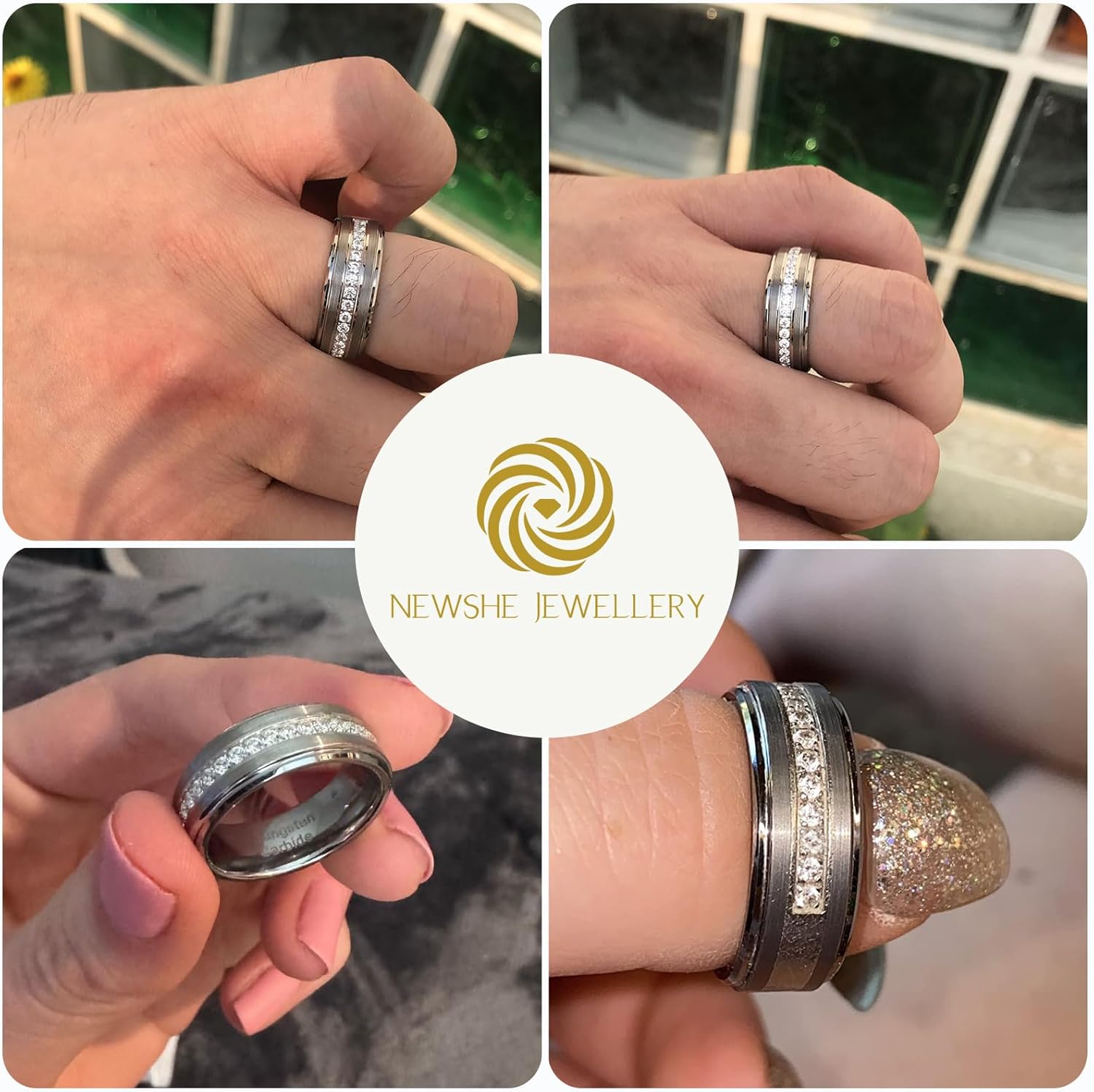 Newshe Jewellery Wedding Rings Set for Him and Her Women Mens Tungsten Bands Cubic Zirconia Round 925 Sterling Silver Engagement Bridal Promise Size 5-13