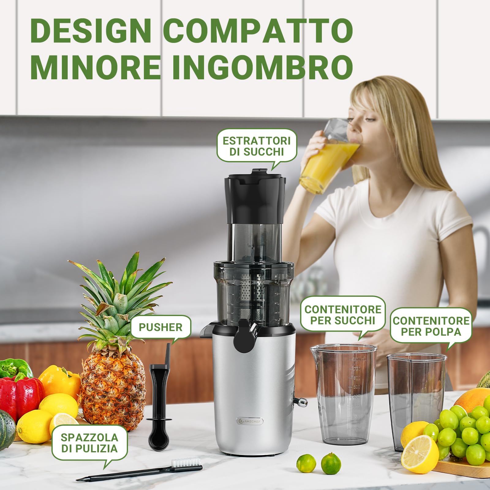 AMZCHEF Estrattore Frutta E Verdura Per Tutta La Frutta - Estrattore A Freddo Frutta E Verdura Con 80MM Scivolo Alimentare, Coclea Potenziata, Filtro A Doppio Strato, Motore Silenzioso - Argento