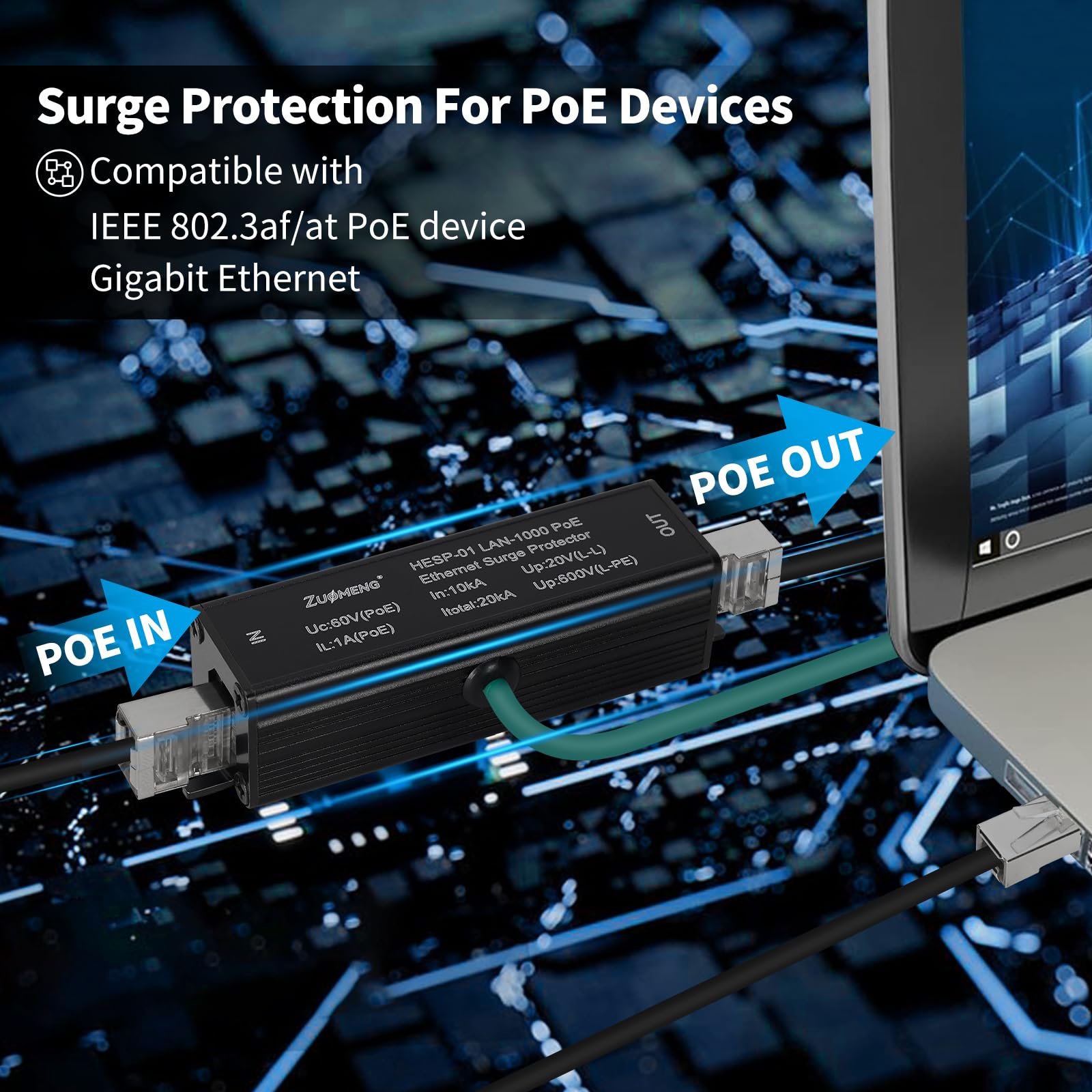 Ethernet Surge Protector Metal Shielded RJ45 Lightning Suppressor for PoE PoE+ and Gigabit Ethernet, Zuomeng LAN Network CAT5 CAT6 Thunder Arrestor with Gas Discharge Tube Does Not Reduce Speed