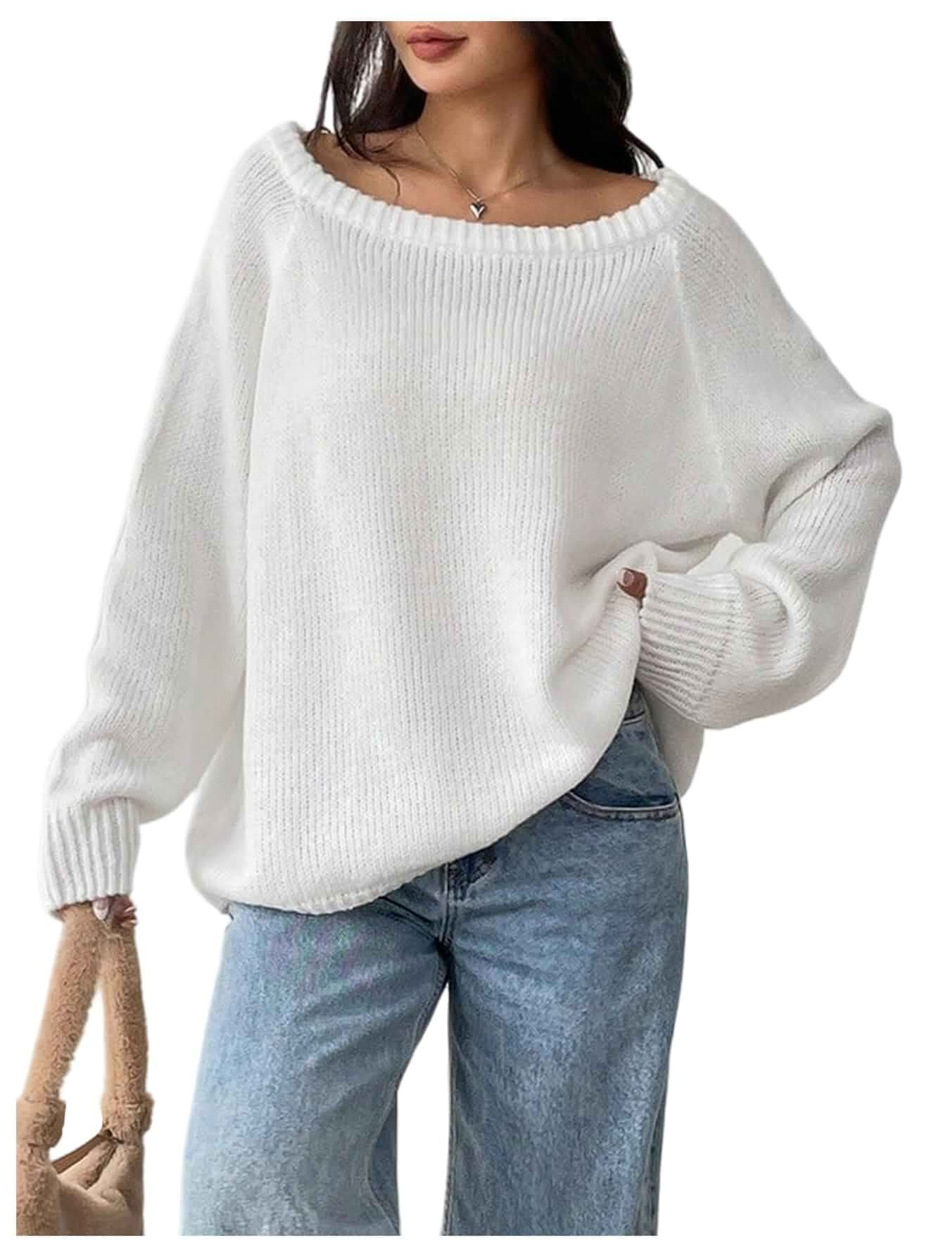 Verdusa Women's Off The Shoulder Sweater Casual Oversized Fall Sweaters Pullover Knit Tops