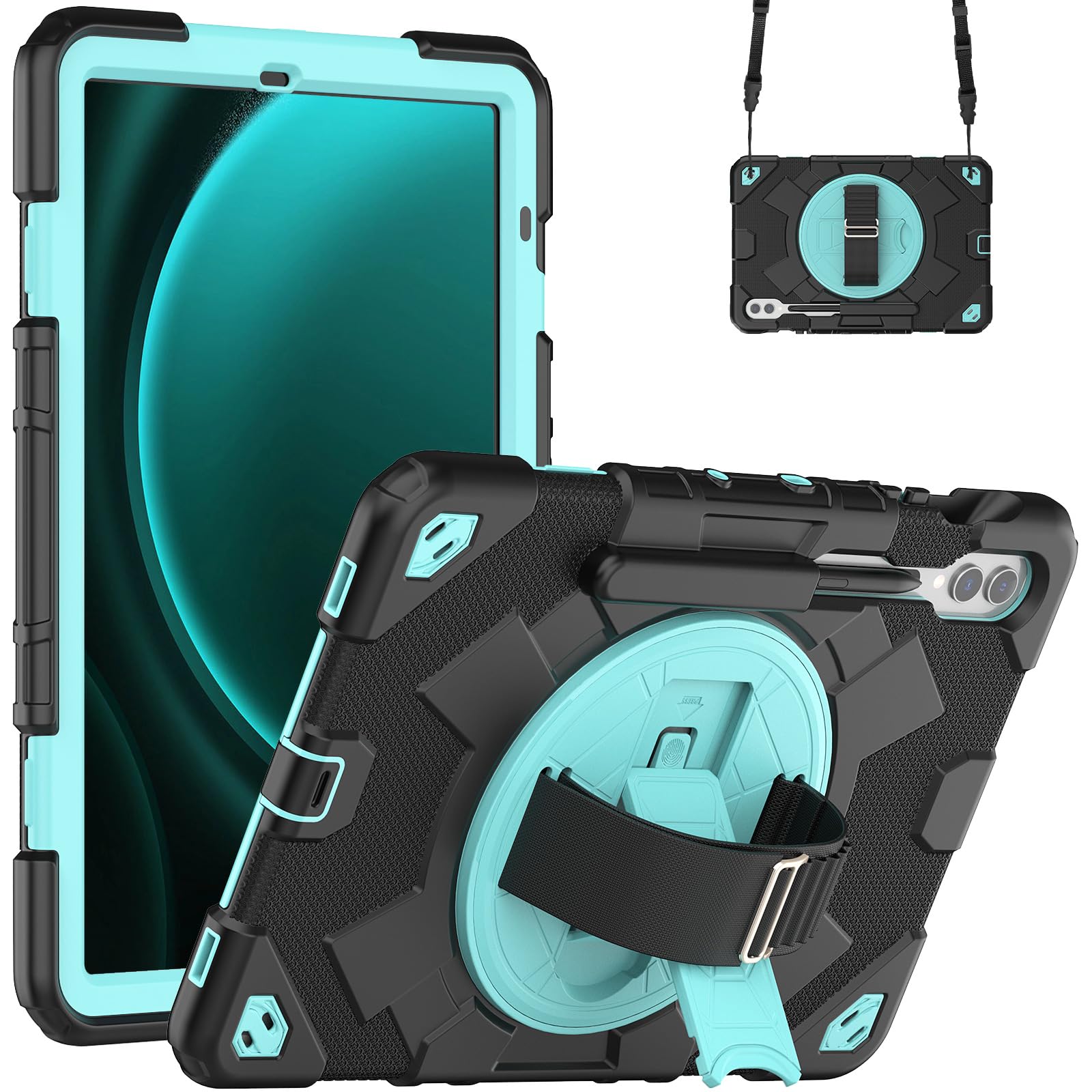 Custodia per tablet per Samsung Galaxy Tab S9 FE+ da 12,4", custodia antiurto in silicone resistente con portapenne, tracolla, supporto pieghevole girevole, cinturino da polso