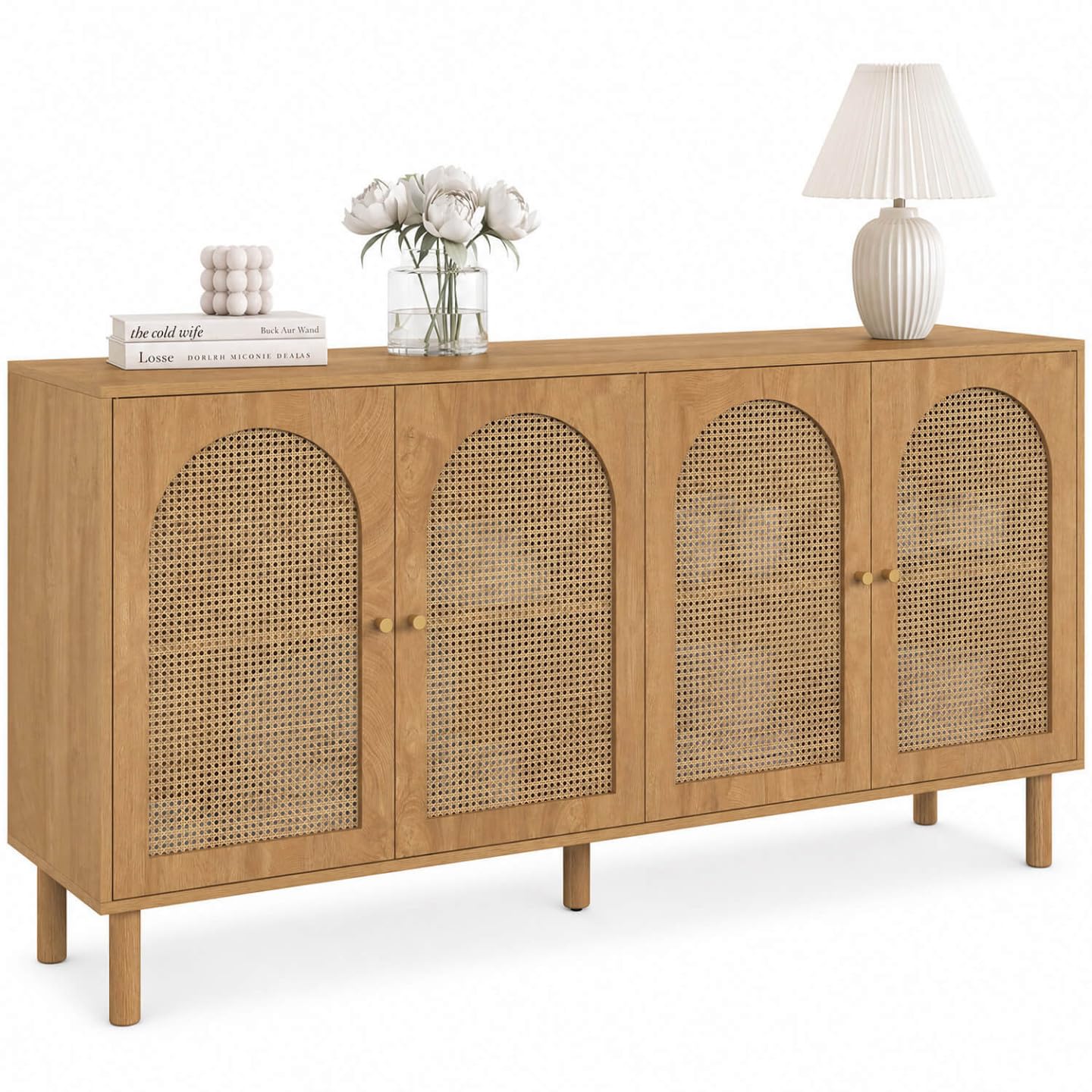 IDMarket - Sideboard 160 cm Vlora 4 Türen Bogenform Holz und Rohrgeflecht
