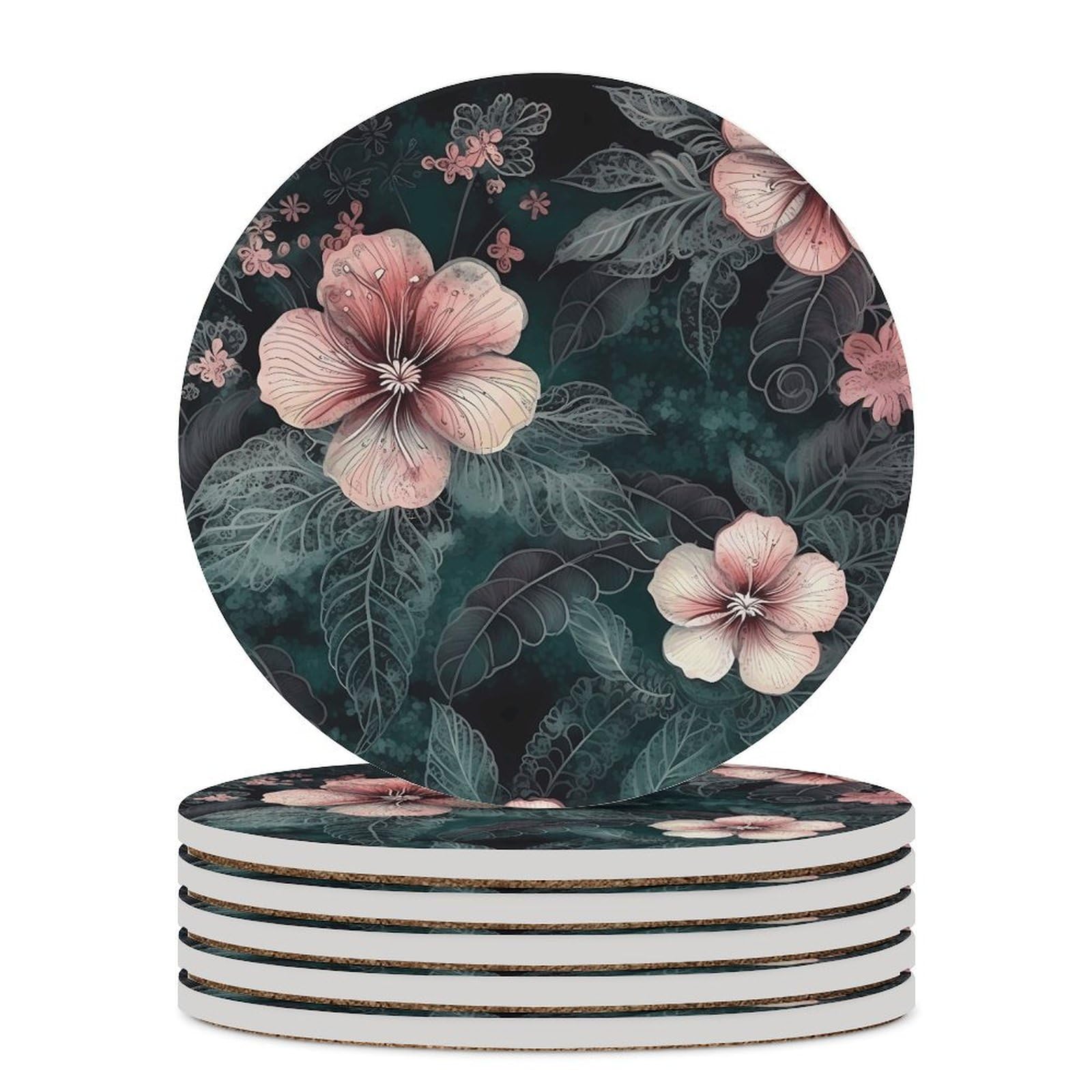 Dessous de verre en céramique lot de 6 ronds absorbants à motif feuilles vertes pour table basse