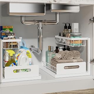 REALINN 2-Pack 2-Tier Pull Out Under Sink Organizer - Sliding Heavy Duty Cabinet Shelves for Kitchen Bathroom Storage, White