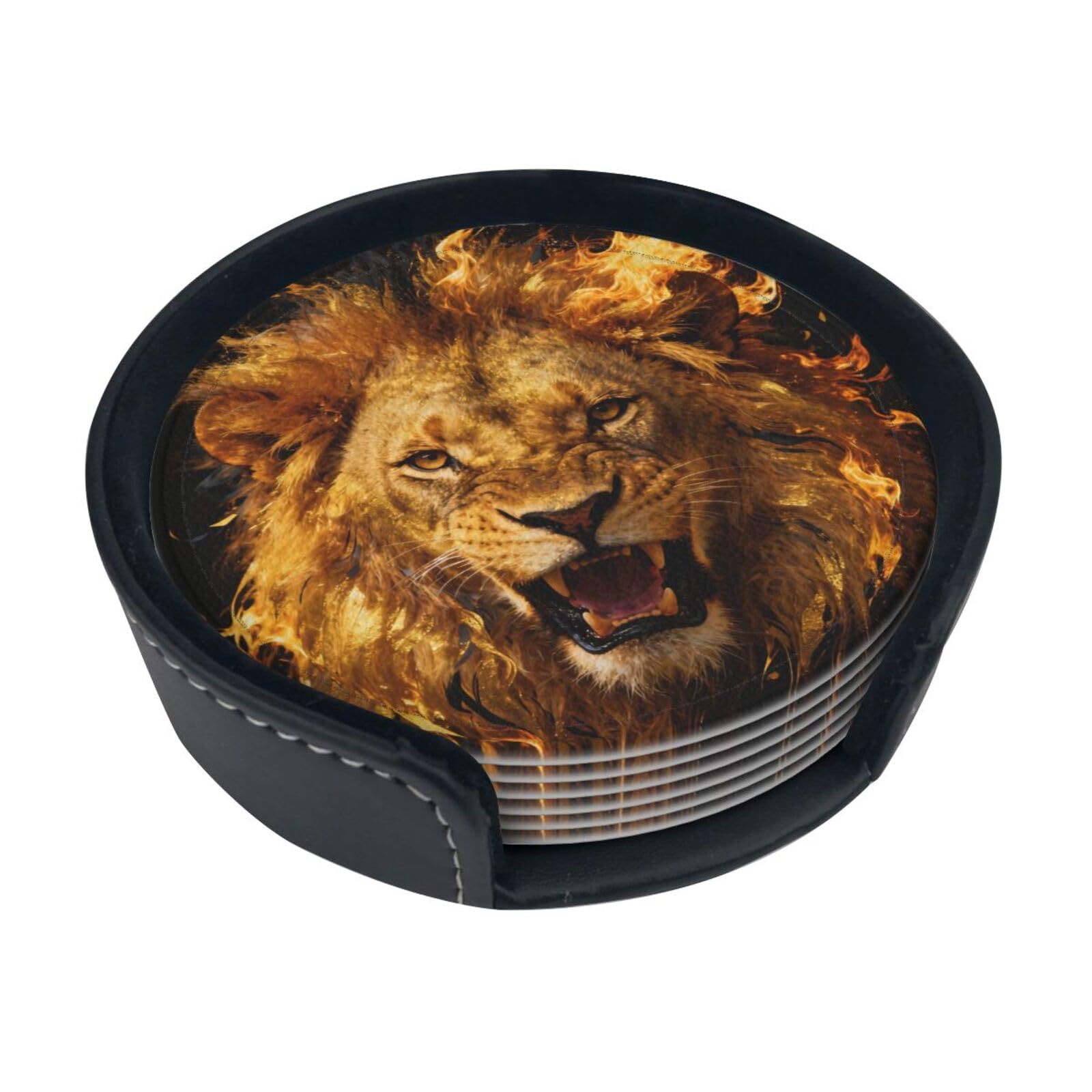 Cntdbu White Golden Lion Roar Leather Coasters Set Of 6-Pu Leather Drink Mats For Table, Heat Resistant Round Coasters With Holder