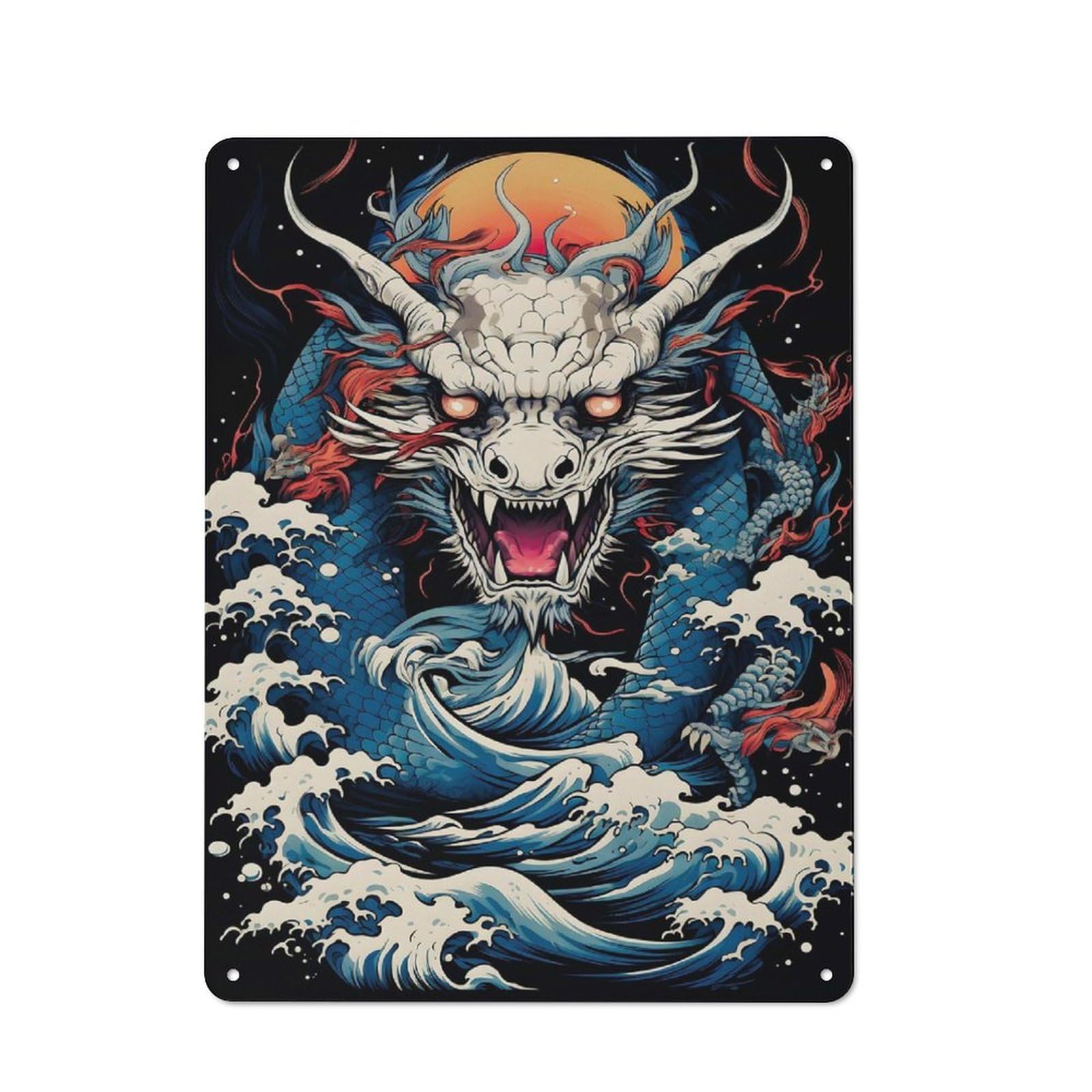 Junmoney Dragon Waves Illustration Cottage Metal Wall Decor 40X30cm, Shed Metal Sign For Patio Bar, Workshop, Shed Or Kitchen