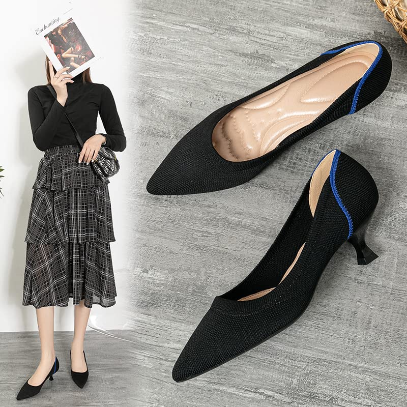 youngshow Women's Pumps Kitten Heels Pointed Toe Knit Slip On Comfortable Casual Formal Dress Shoes2