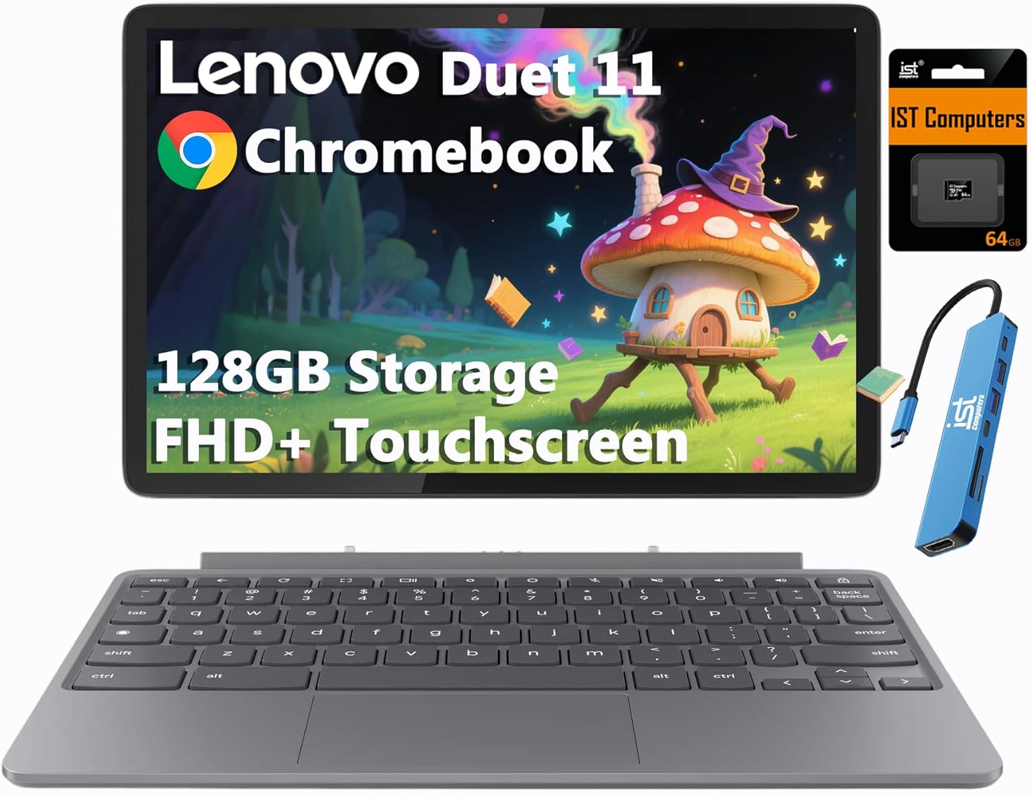 Lenovo Chromebook Duet Gen 9 11" FHD+ 2-in-1 Touchscreen Tablet Laptop (8-Core MediaTek Kompanio 838, 4GB, 128GB Storage (64GB+64GB SD), Detachable Keyboard) 8MP Webcam, IST HUB, Wi-Fi 6, Chrome OS