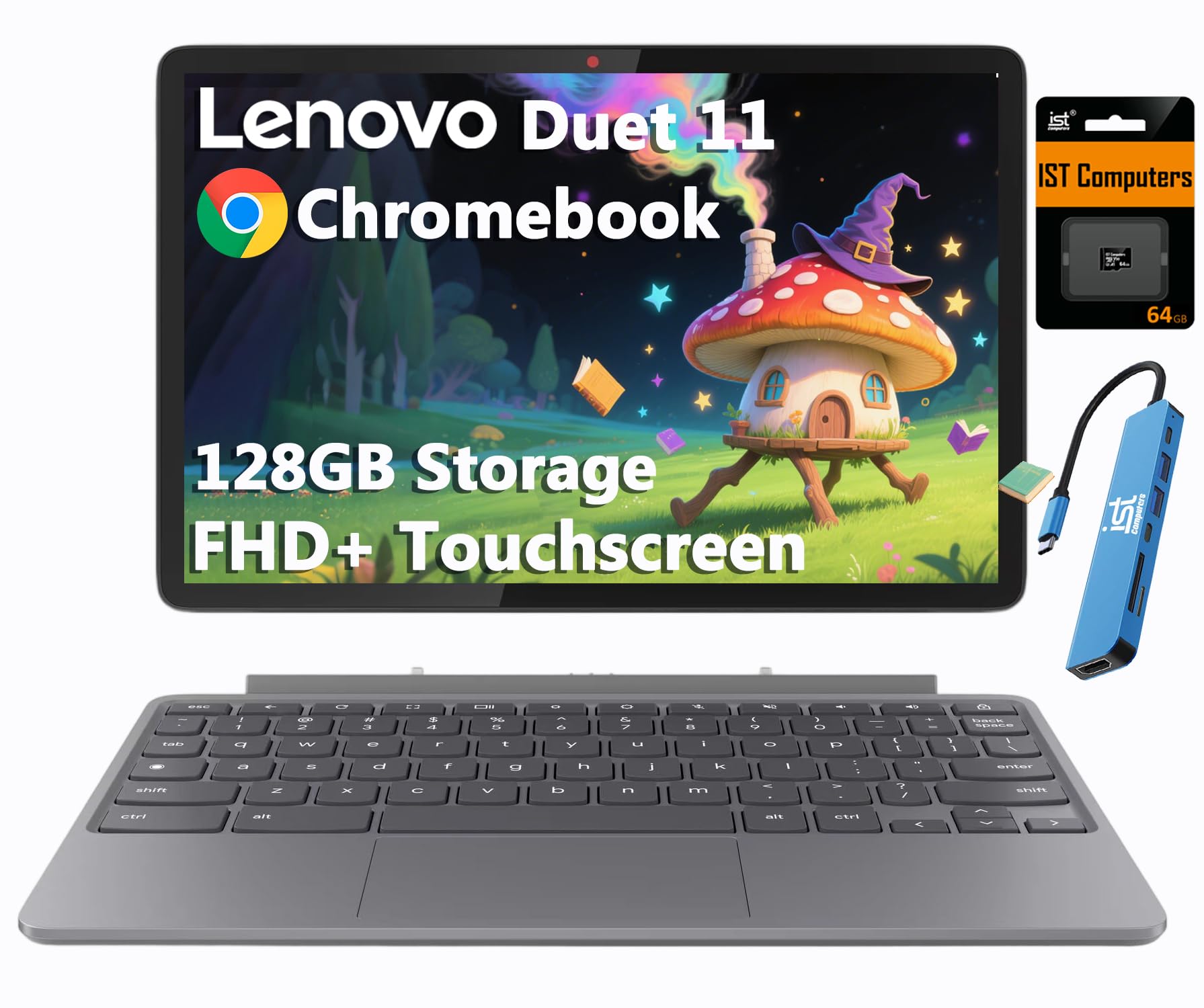 Lenovo Chromebook Duet Gen 9 11" FHD+ 2-in-1 Touchscreen Tablet Laptop (8-Core MediaTek Kompanio 838, 4GB, 128GB Storage (64GB+64GB SD), Detachable