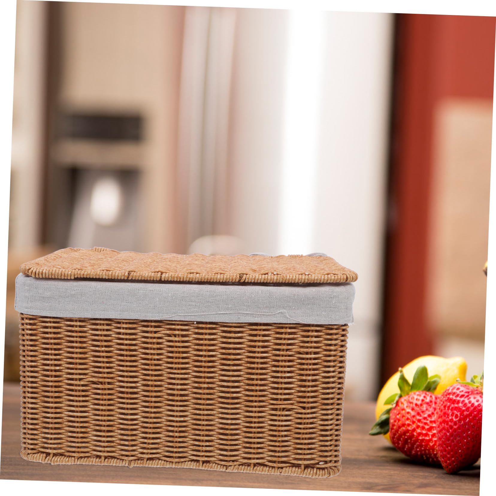 Hemobllo Cesta De Almacenamiento Tejida Mano Con Tapa Cesta De Mimbre Para Dormitorio Lavandería y Cocina Organizador Con Asas y Forro Para Artículos Diversos y Ropa De Cama