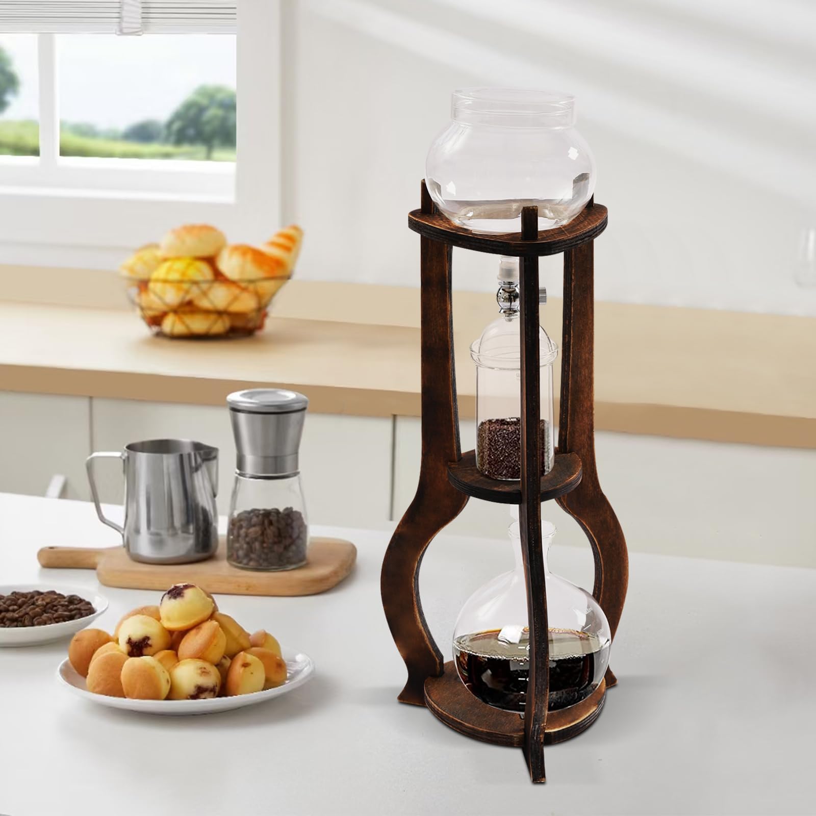 Treliamd Iced Coffee Cold Brew Drip Tower Coffee Maker Wooden, 6-8 cup for Making Delicious Cold Extracted Coffee At Home, In Coffee Shops, Cafes, And Offices.
