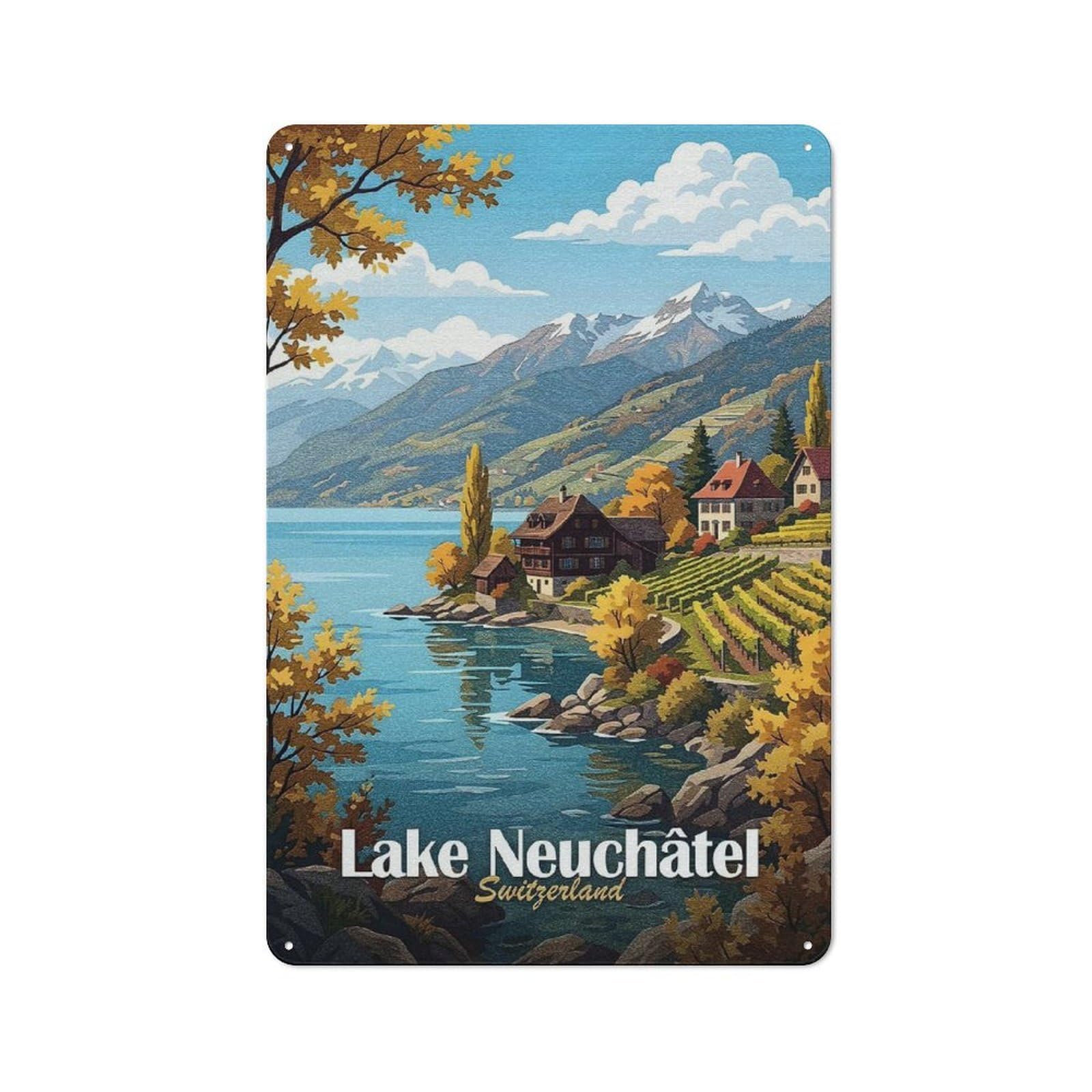 Junmoney Style-6 Metal Wall Sign 30X20cm Featuring Lake Neuchâtel, Switzerland Travel For Pub Or Café, Housewarming Wall Decor For People Furnishing Pub And Café