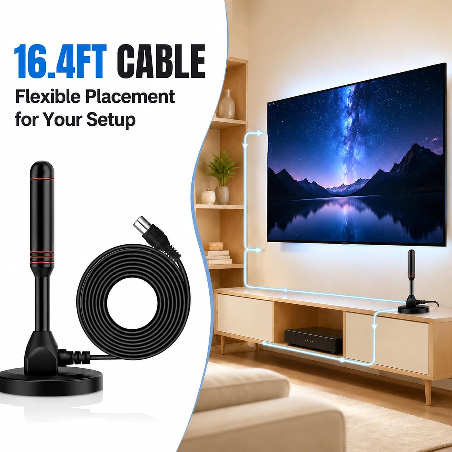 TV Antenna for Smart TV Indoor - Up to 100 Miles+ Long Range Digital HD Mini Antenna for Local Channels, Supports 4K 1080p VHF UHF, 16.4FT Coax Cable (5M), Strong Magnetic Base for Easy Setup