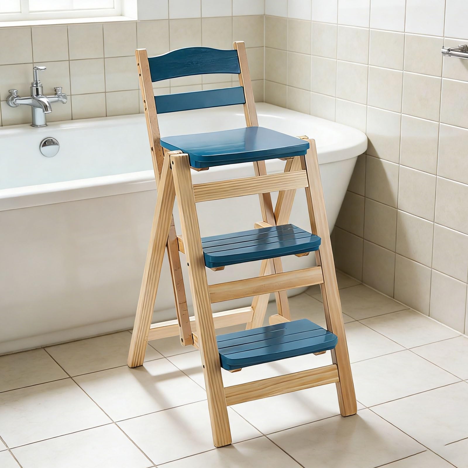 Height Foldable Stool Tall Stool,Solid Wood Folding Bar Stool,3 Step Indoor Ladder Stools,3 Step Multifunction Portable Adults Solid Wood Ladder Stools for Adults Kitchen Outdoor(Blue)