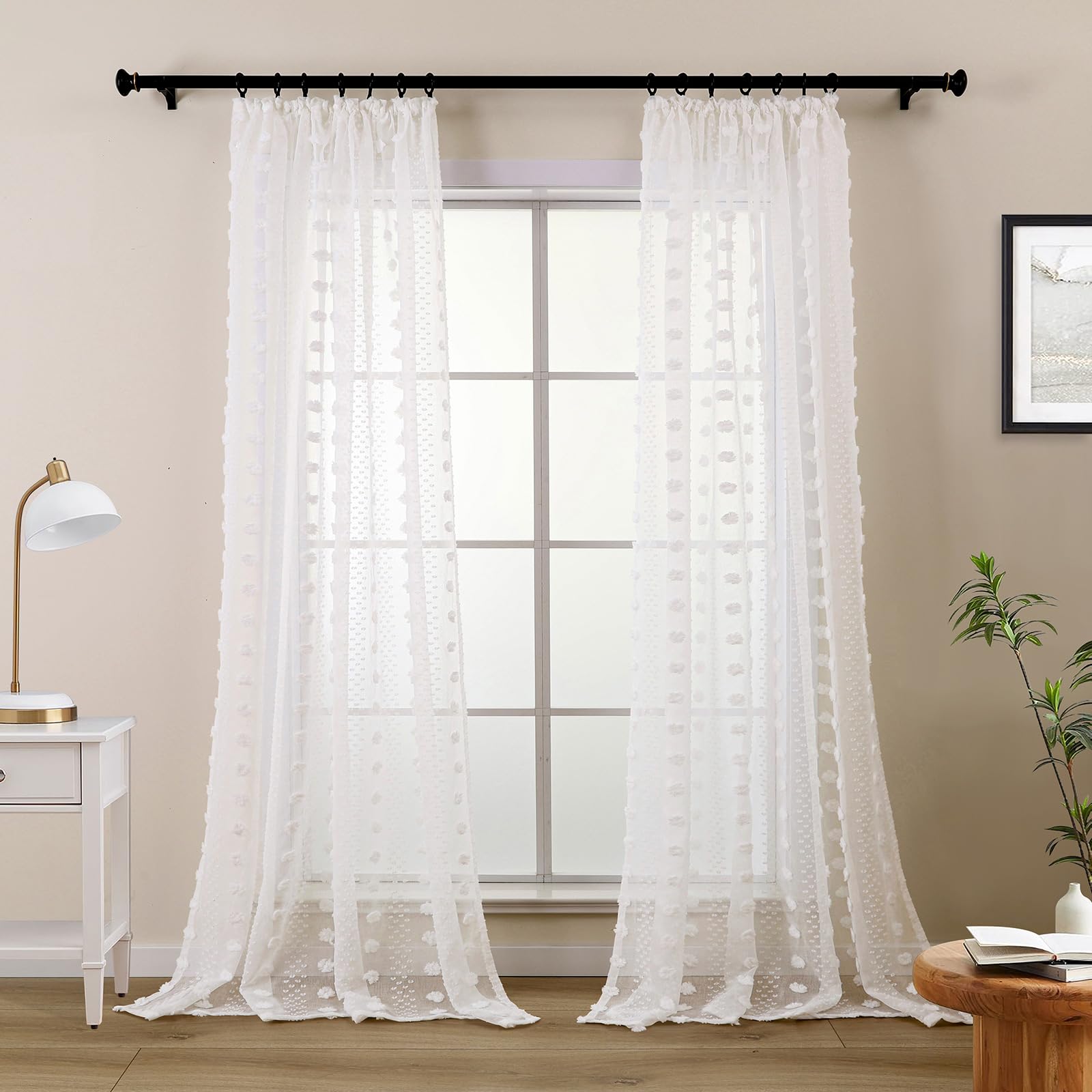 L.Z.E Rideaux Voilage Blanc Transparent Boho pour Salon Chambre des Filles et Tentures à Ruban Fronceur Blanc Cassé pour Salle à Manger 225 cm Long Motif Floral Tridimensionnel Lot de 2