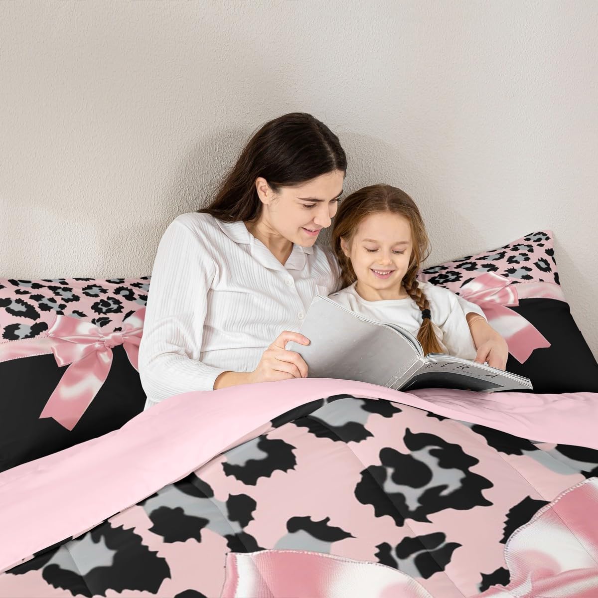 jejeloiu Pink Silk Bowknot Duvet Cover Full Size Grey Leopard Bedding Set for Kids Girls Women Black Pink Comforter Cover Set Sweet Romantic Bedspread Cover 3Pcs