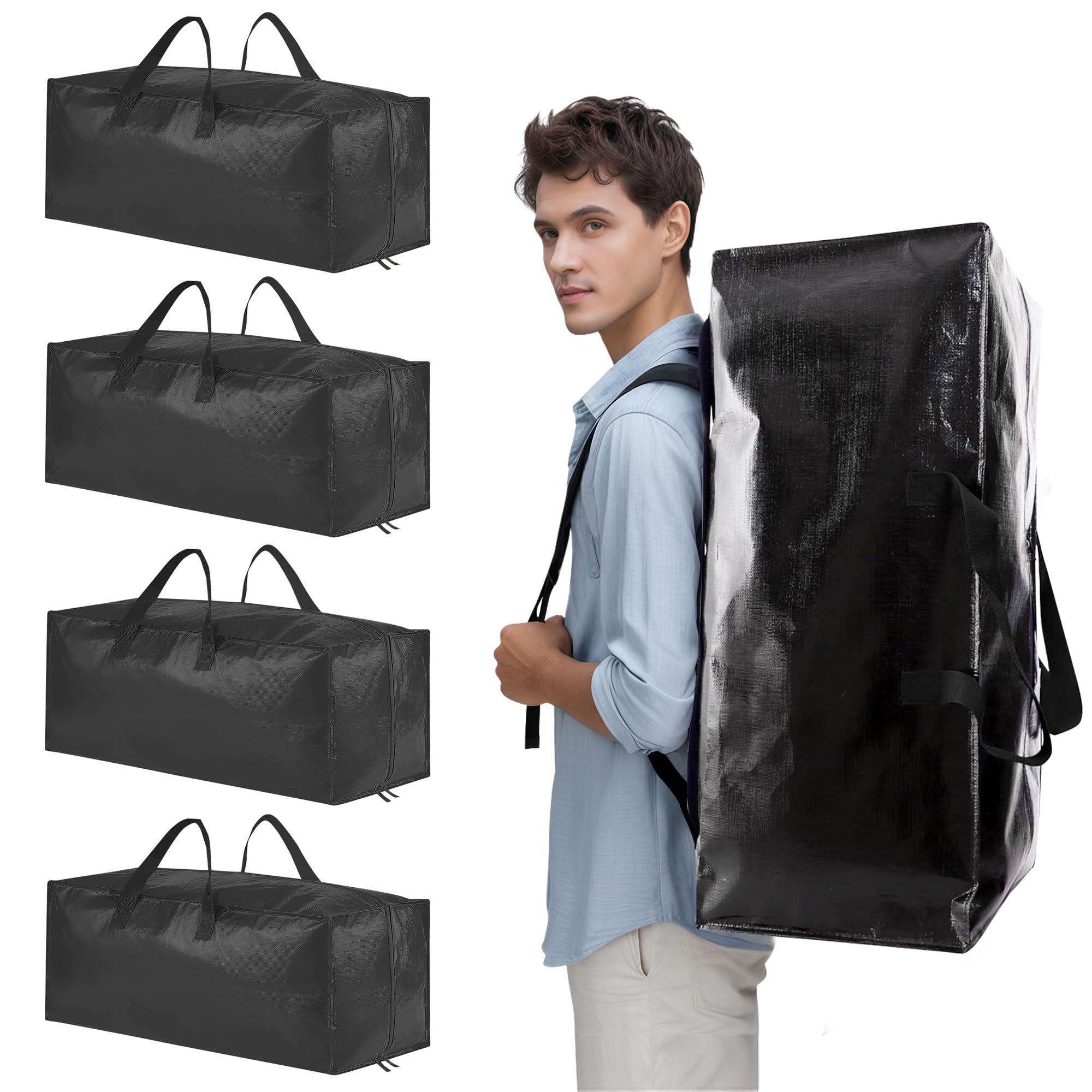 Foyer Nuage Storage Bags with Zips, Strong and Durable Big Bags with Handle and Backpack Straps for Moving House, Laundry Bags, Clothes Storage (Black, 71x33x31cm, 4pcs)