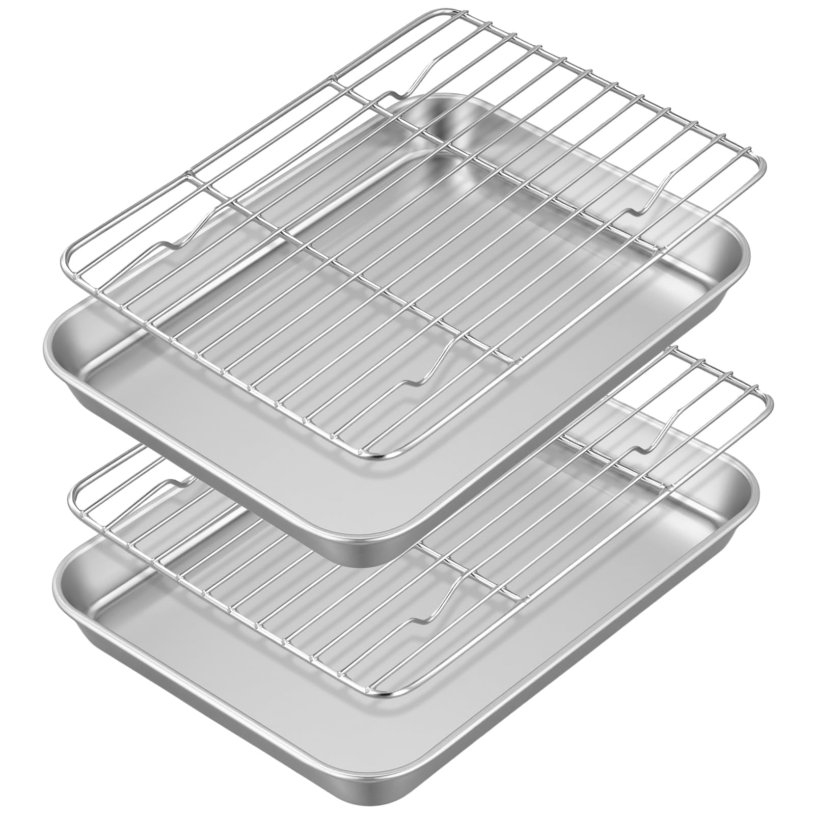 JAPCHET Stainless Steel Baking Tray Set with Cooling Rack, 17 x 23 cm Metal Oven Sheet, 2 Trays and 2 Racks for Cooking Roasting