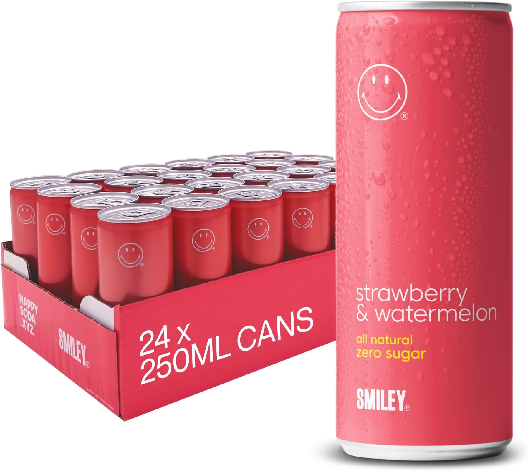 Happy SodaStrawberry & Watermelon Soda | 24 x 250ml cans | All natural | zero sugar | zero calories | No Artificial Sweetener | Best tasting full flavour Soda