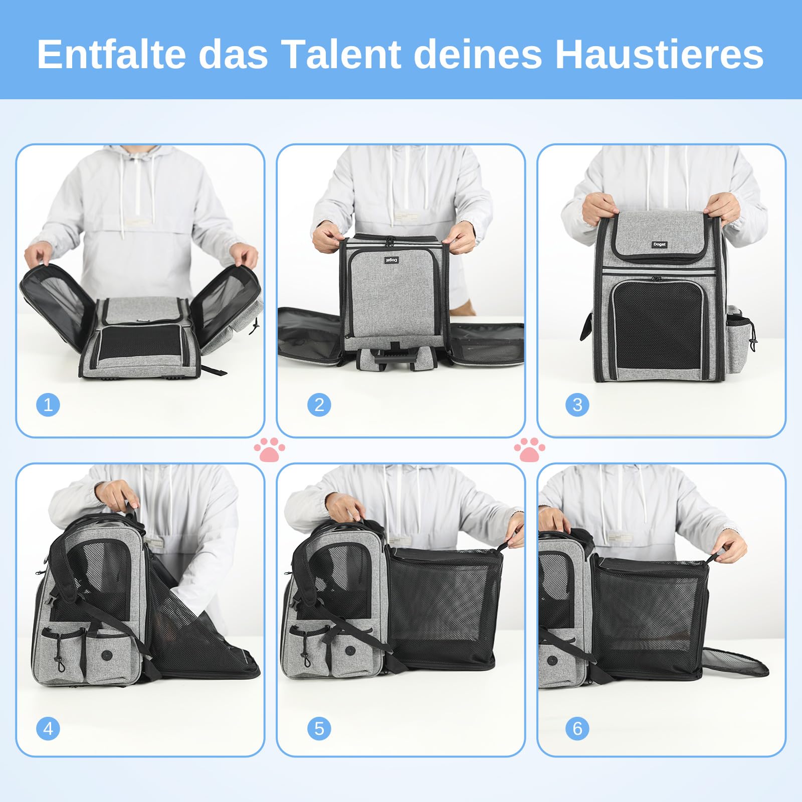 Erweiterbar Katzenrucksack mit Netzfenster, Tragbare und Faltbare Haustier Rucksack mit Innerer Sicherheitsleine und Haustierunterlage für Katzen Hunde bis 17 lbs (8 kg) Wandern, Walken (Grau)