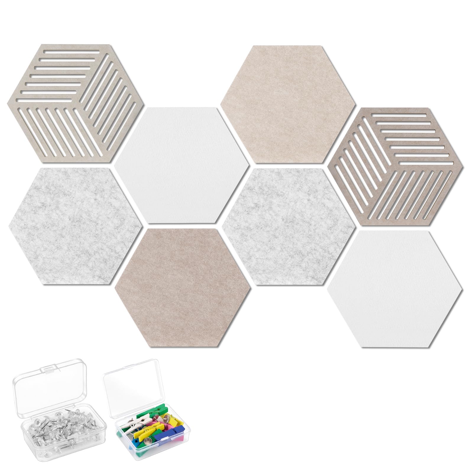 Ainiv 8 Stück Sechseckige Filz Pinnwand, Selbstklebende Heimwerken Pinnwand, Memotafeln Pinwand, Vision Board mit 40 Pinnnadeln und 10 Bunten Holzclips, Korkwand für Büro Home Schlafzimmer (Kameltöne)
