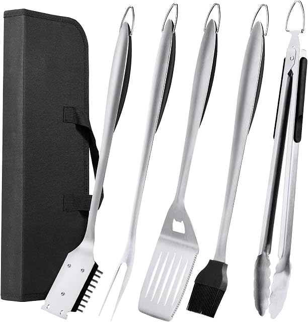 5PC Heavy Duty BBQ Tools Set Extra Thick Stainless Steel Barbecue Accessories - Fork, Basting Brush,Spatula,Cleaning Brush & Tong with Carrying Bag - Long BBQ Grill Tools Set for Men Women