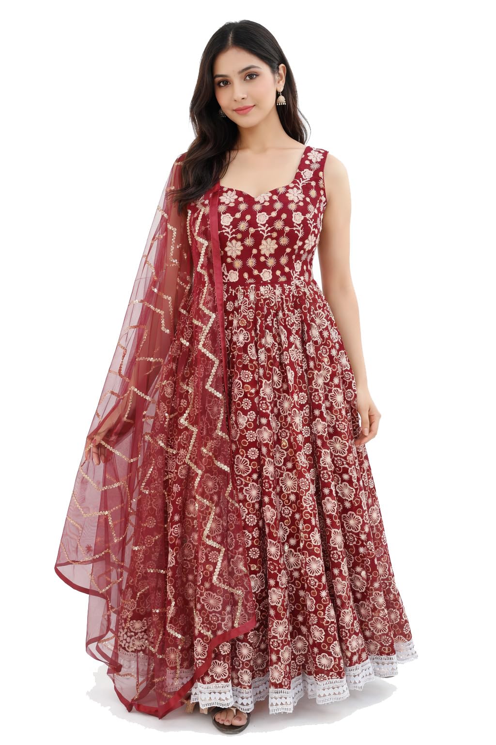 Women's Maroon Floral Embroidered Anarkali Gown with Net Dupatta, Sleeveless, Ankle Length, Ethnic Indian Wear | Georgette|-image-45