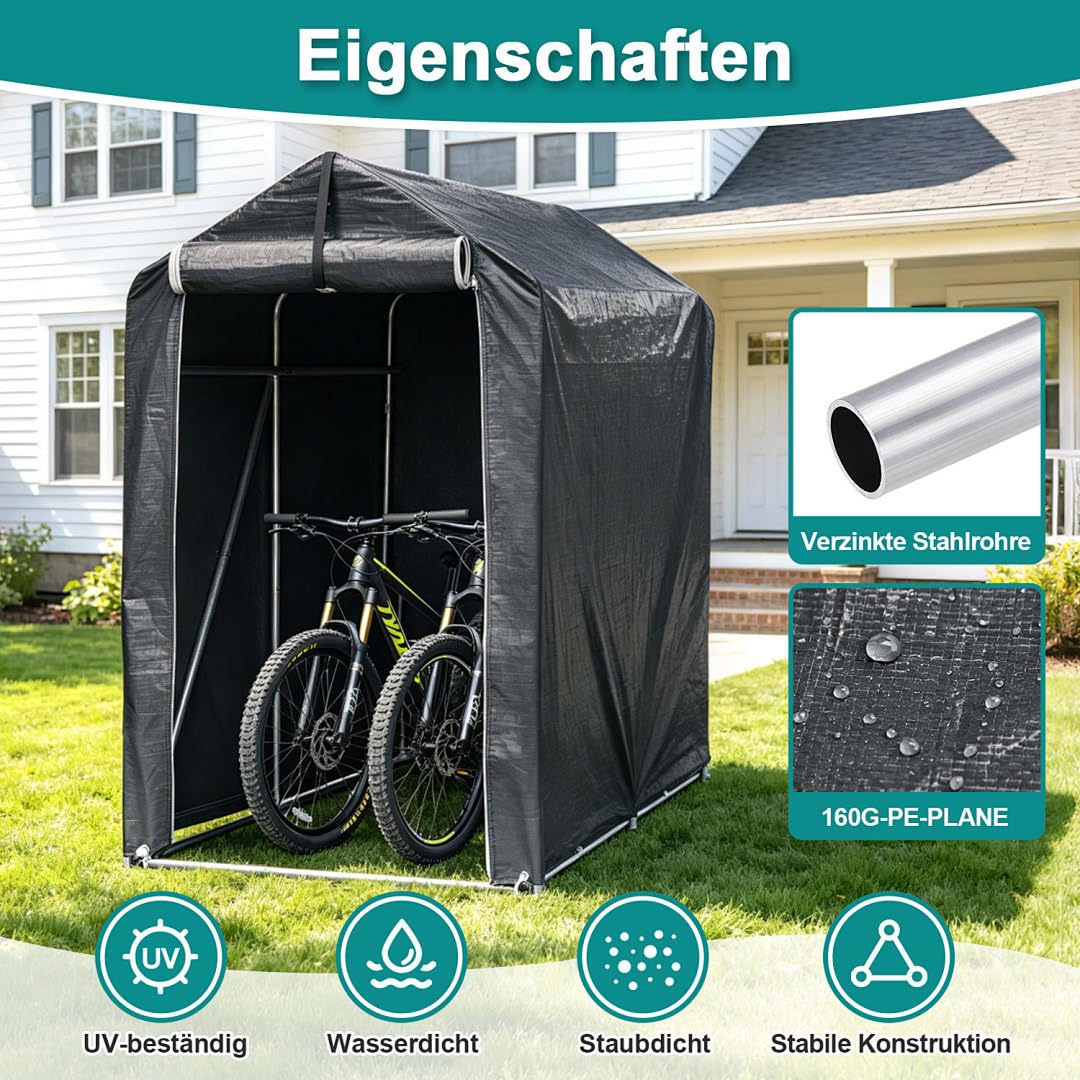 Garage per bicicletta, 187 x 100 x 165 cm, impermeabile, per 2 biciclette, telaio in acciaio zincato, protezione UV, porta con cerniera, grigio