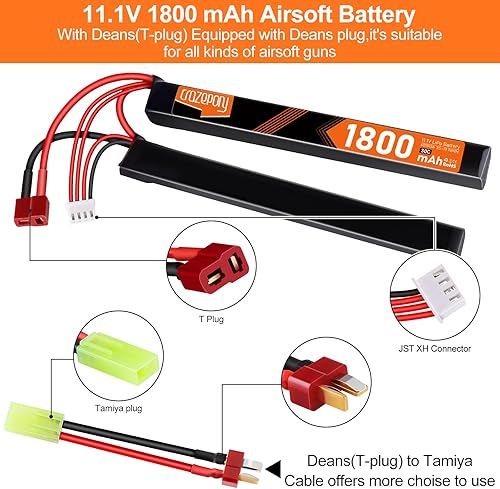 Miniatura 2 de Crazepony Batería Airsoft de 11.1 V recargable 3S LiPo 1800mAh 30C Nunchuck Split Pack Batería con Deans T Plug a Mini Tamiya Cable para Airsoft