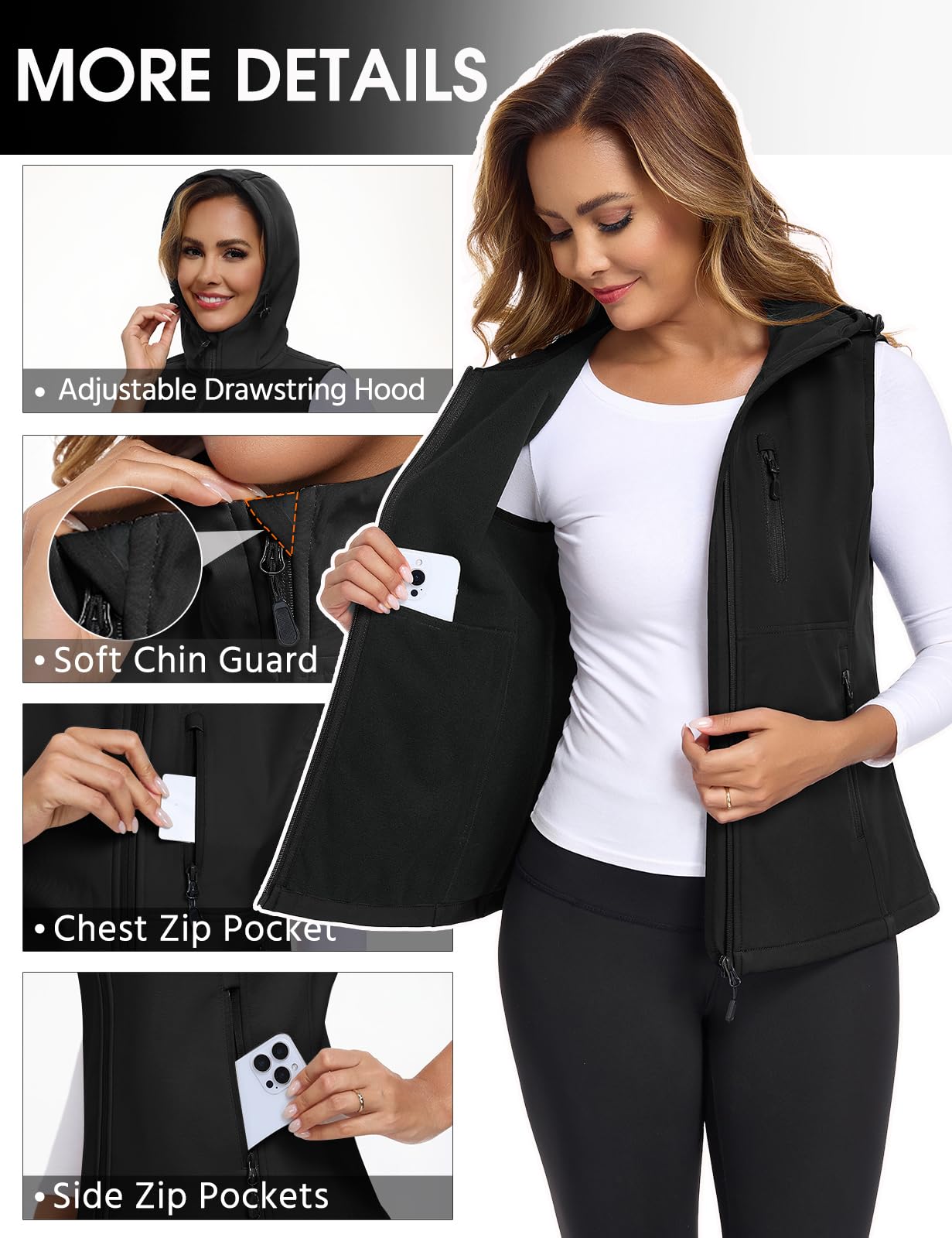 CMTOP Gilet Donna Softshell Impermeabile con Cappuccio, Fodera Leggera in Pile Smanicato Gilet, Antivento Sportivo Giacca Senza Maniche con Tasca per Primaverile Autunno Invernale