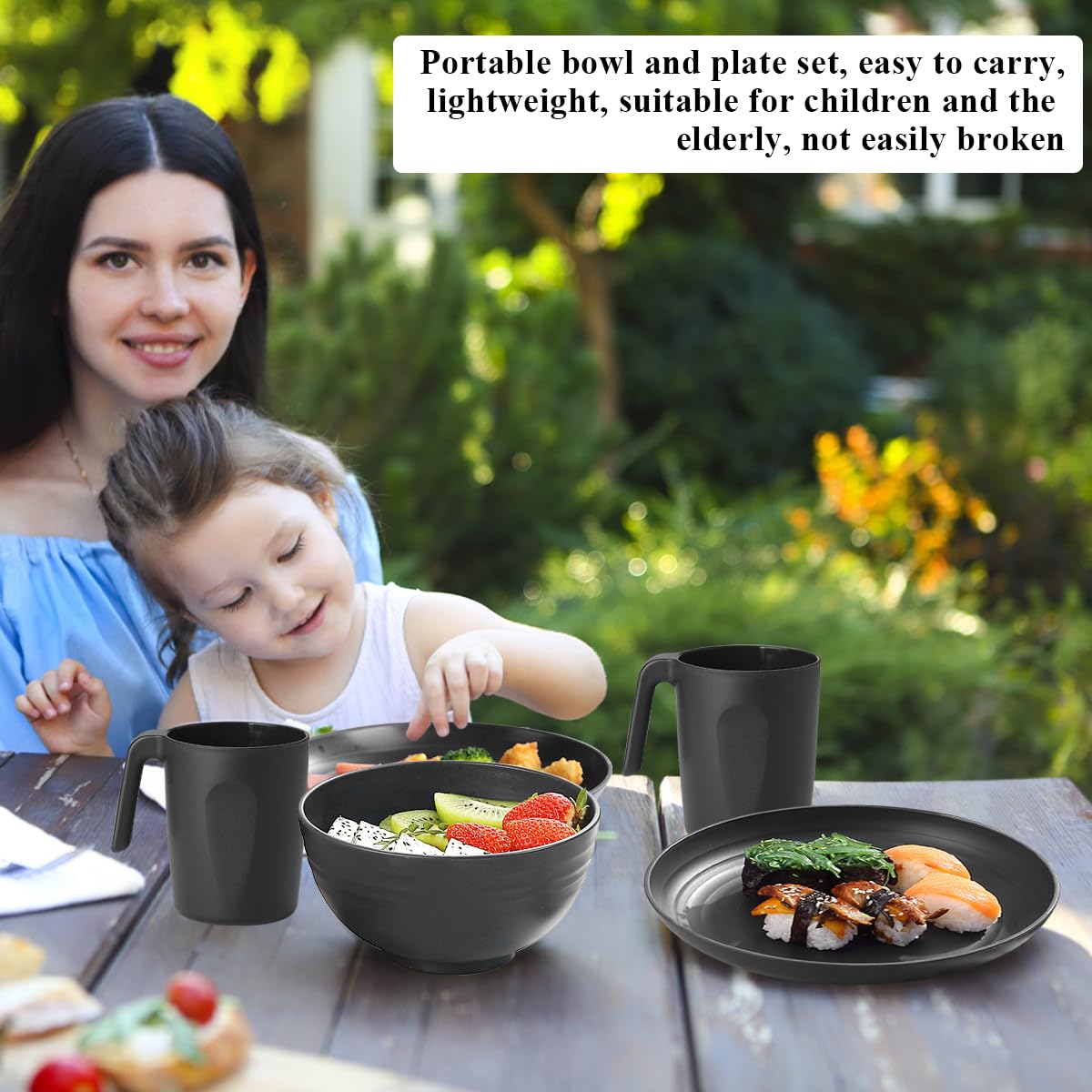 Berglander Plastikgeschirr aus schwarzem 24 teiliger für 6 Personen, wiederverwendbare Teller und Schüsseln mit Speisetellern, Desserttellern, Müslischalen, Tassen für Zuhause, Garten, Picknick