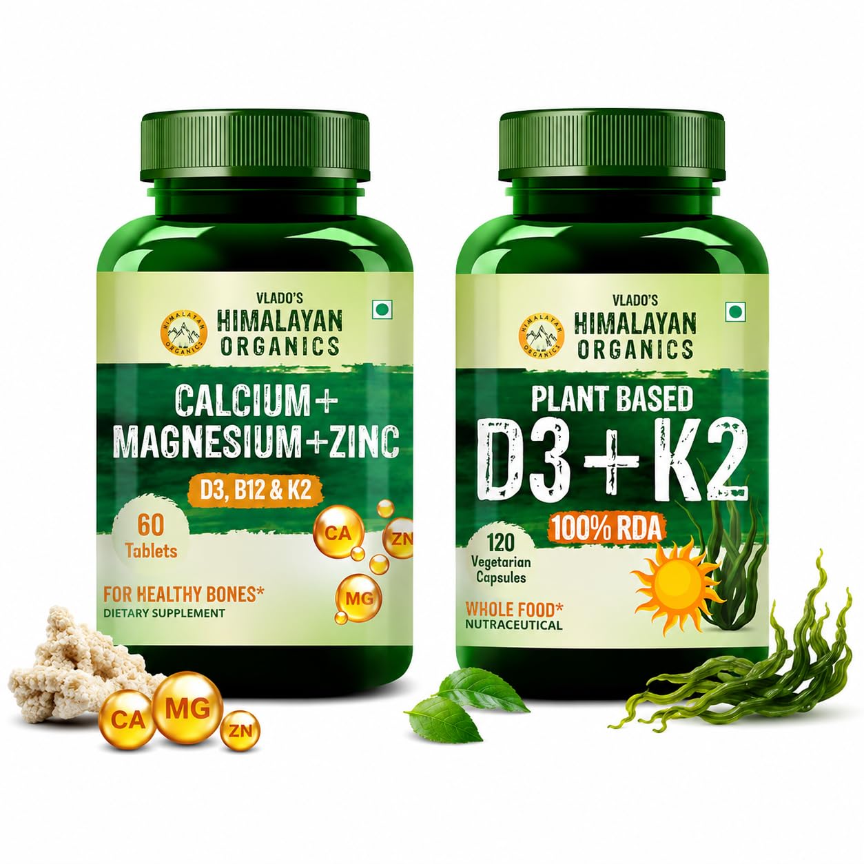 Vlado's Himalayan Organics Calcium Magnesium Zinc with Vitamin D3, B12 & K2 + Plant Based Vitamin D3 (Lichen) & K2 MK7 | Bone, Joint, Muscle & Immune Support | Vegetarian Combo Pack-image-27