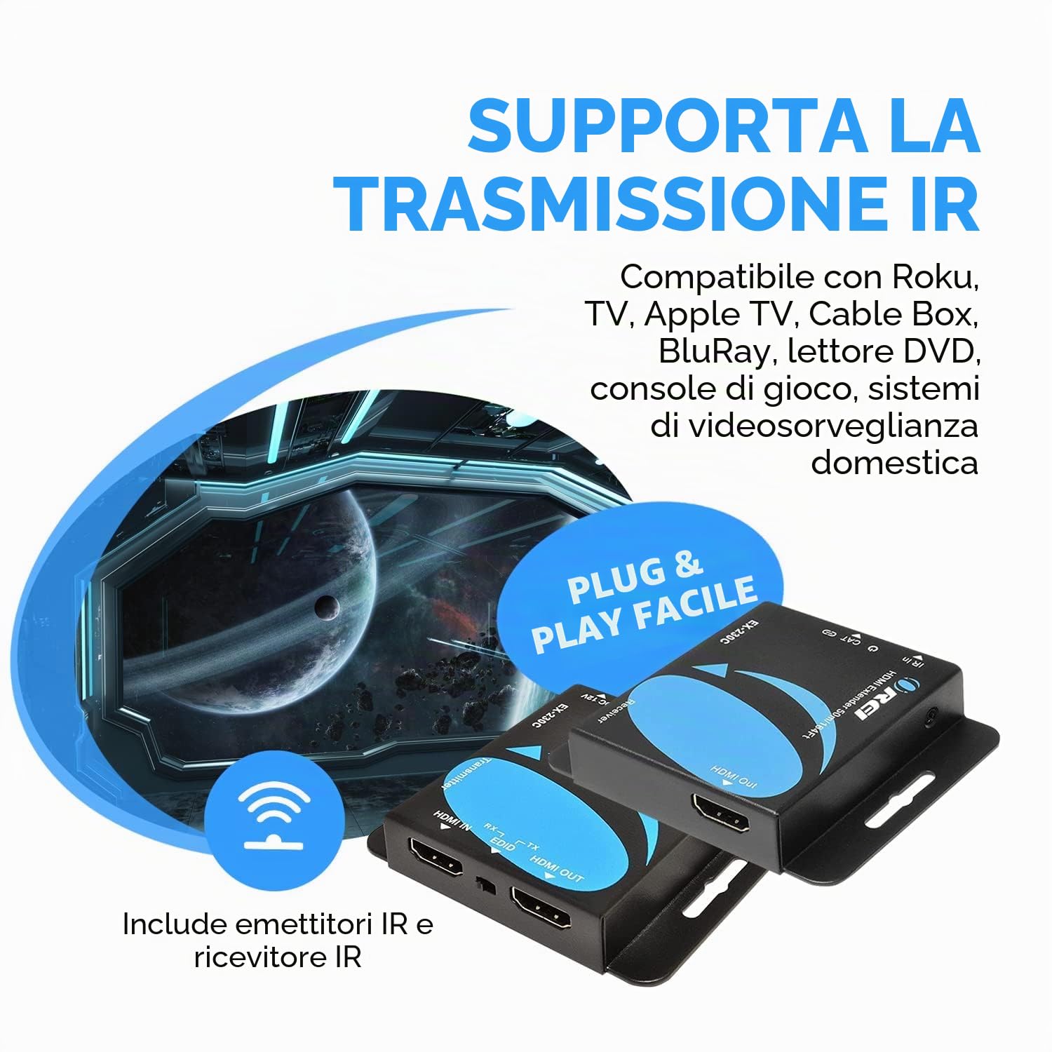 OREI Estensore HDMI 4K via Ethernet CAT6/CAT7, Extender RJ45 4K @ 30Hz fino a 1080P fino a 230 FT Full HD POC trasmettitore e ricevitore IR Loop Out (EX-230C)