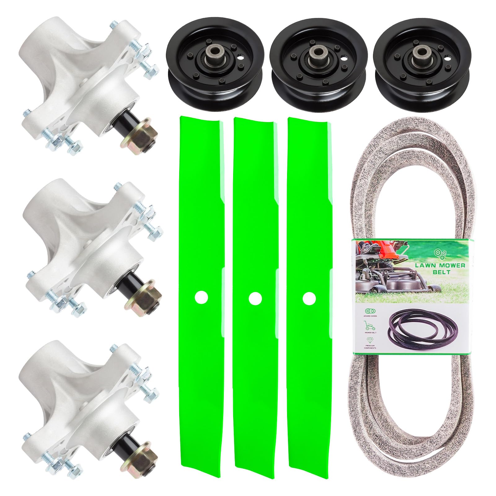 Kit de reconstrucción de cubierta para husillos, cuchillas, correa de polea a cortador de tiempo ro Z5000, Z5020, Z5030, incluye 3 husillos 117-7268, 3 cuchillas 110-6837-03 112-9759-03 1/2 pulgadas 1