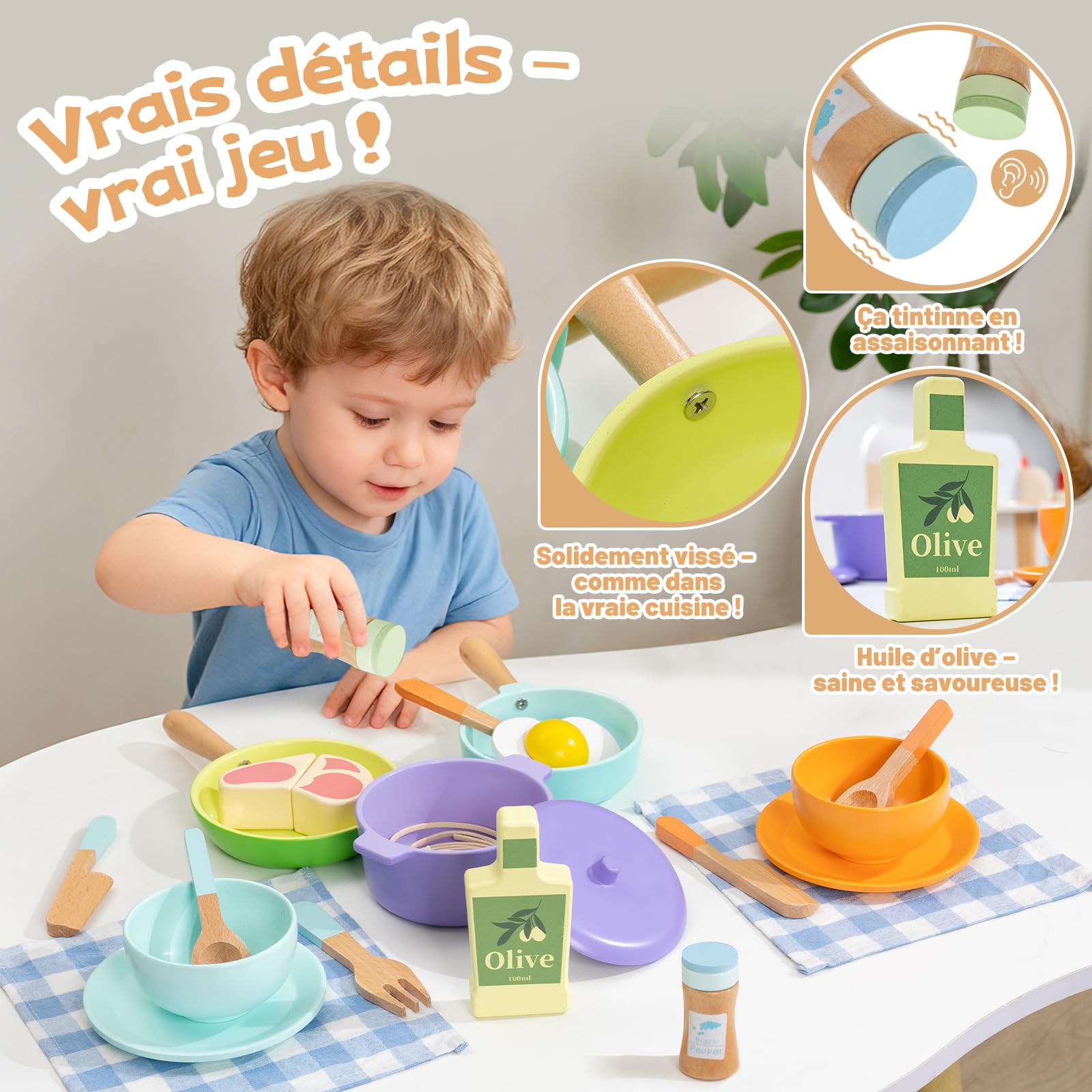 Jouet Dinette en Bois,Accessoire Cuisine Enfant,Kit de Cuisine Enfant Montessori,Bois Pots Casseroles Jouet ,Jeu de Rôle pour Filles Garçons 3 4 5 6 Ans Cadeau Anniversaire Noël