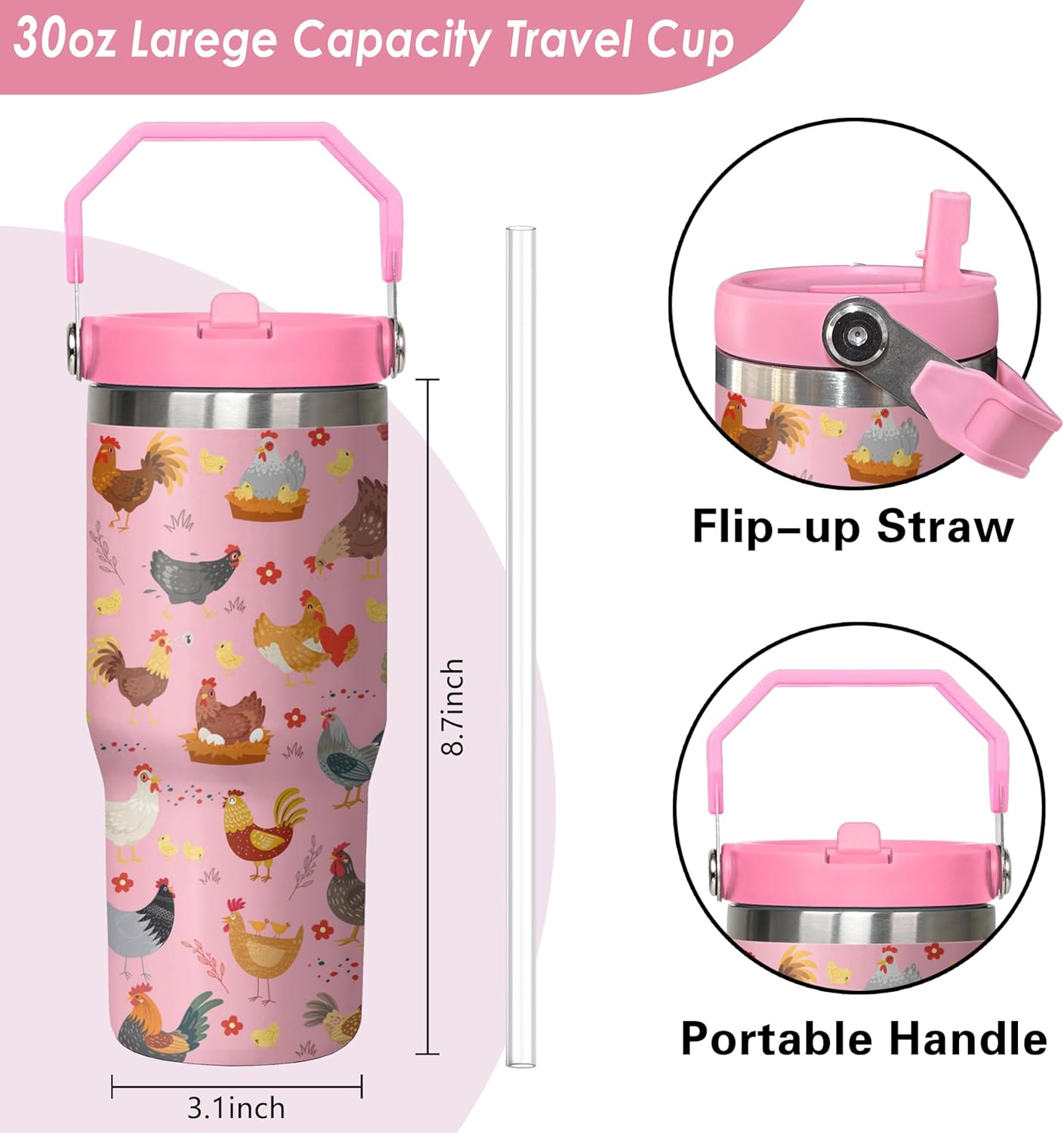 Queen Hero 30 oz Chicken Tumbler with Handle, Large Insulated Tumbler with Flip & Straw Coffee Mug Cup Stainless Steel Gifts for Women Men Youth - Image 2