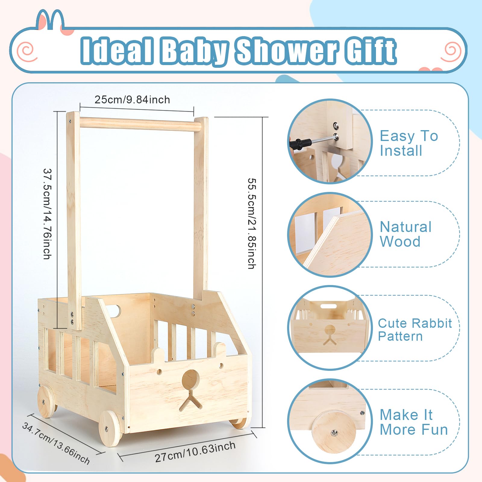 Umtiti Wooden Baby Gift Basket with Wheels and Handle, Pushable Baby Shower Crate Wardrobe - Image 2