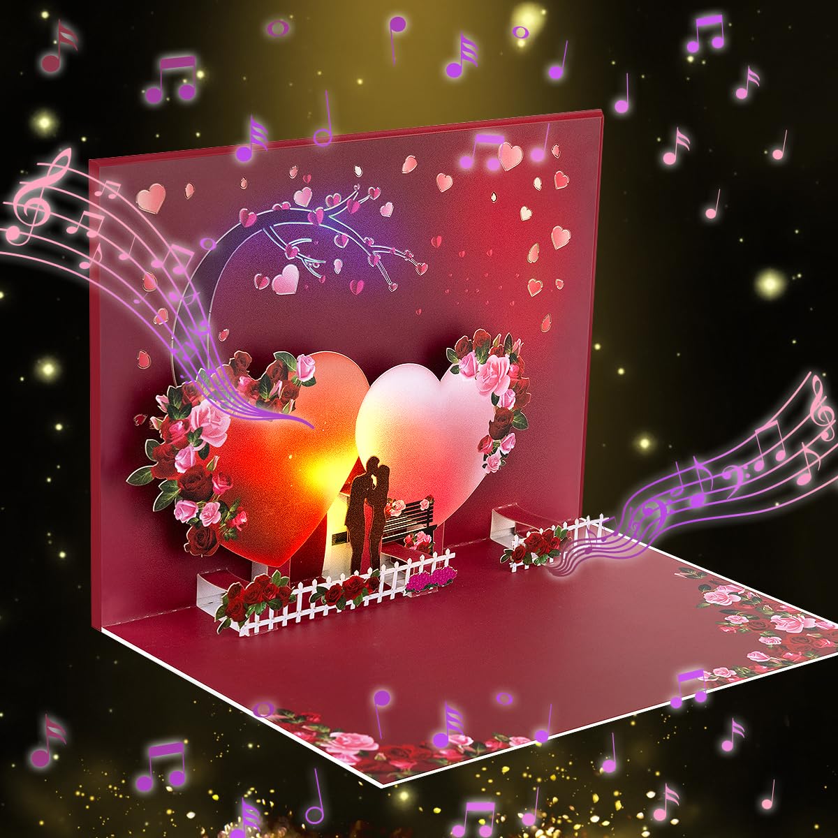 Tarjeta de San Valentín con luz y música, romántica tarjeta de felicitación emergente, aniversario, con sobre.