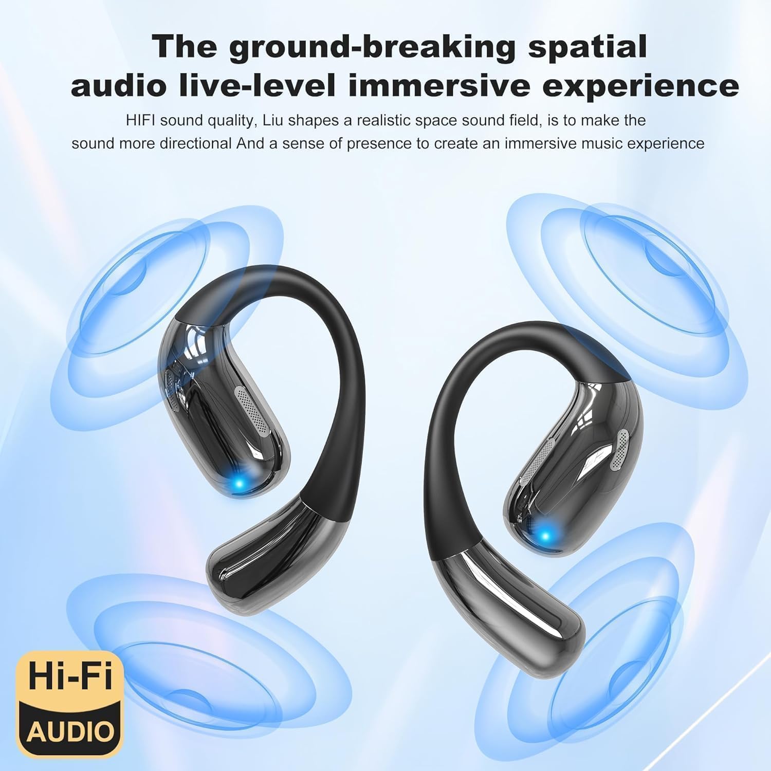 Diagram showing sound waves emanating from earbuds, illustrating spatial audio technology