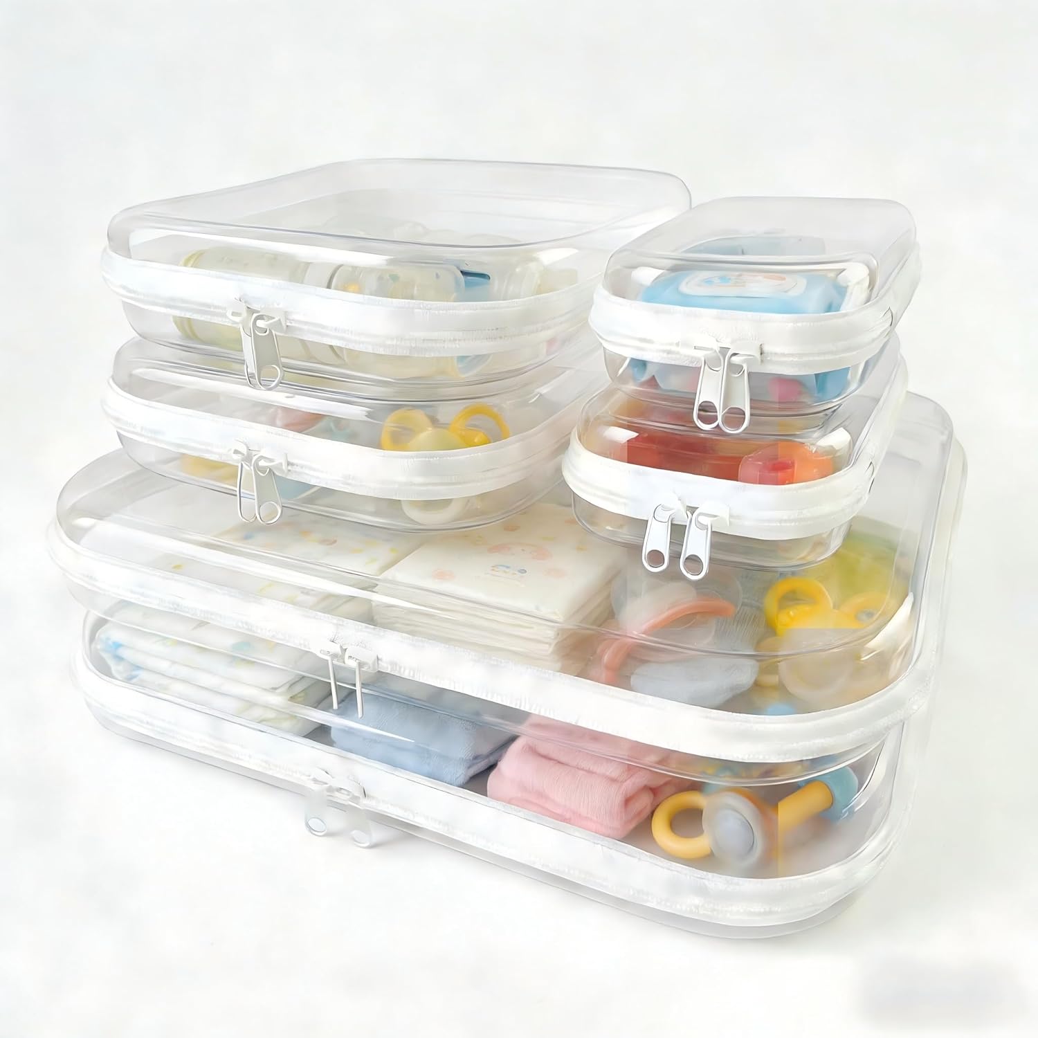 6Pcs/2L+2M+2S Clear Hard Shell Zippered Travel Case – Plastic Organizer Pouch for Toiletries, Cosmetic Bag, Diaper Bag & Packing Accessories (White, Set D)