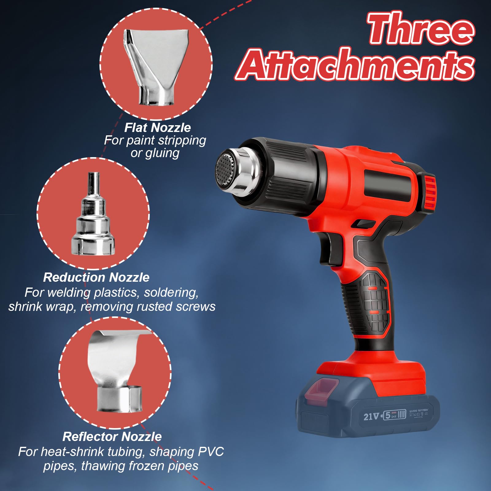Secador de aire caliente con batería para Makita 18V, soplador de aire caliente inalámbrico con pantalla LCD digital y 3 boquillas pistola de aire caliente, calentamiento rápido de 50-550°C para tubos